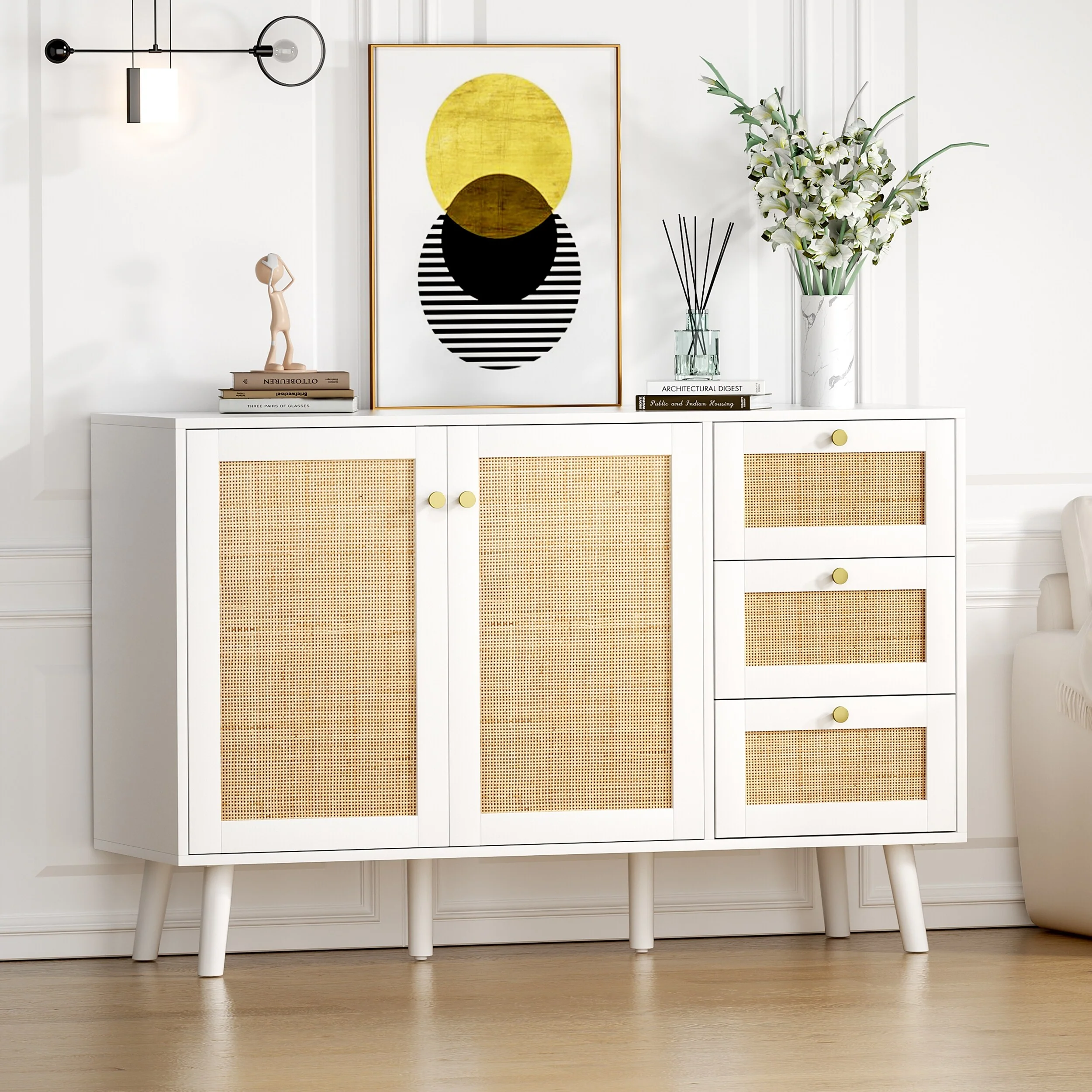 Anmytek Mid-Century Modern 2-Door Wood Rattan Buffet Sideboard Kitchen Storage Cabinet with 3 Drawers