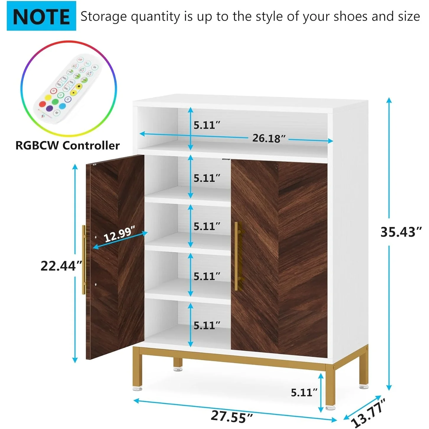 16 Pairs Shoe Cabinet with Doors, 5-tier Entryway Cabinet with Led Light, Free Standing Shoe Racks
