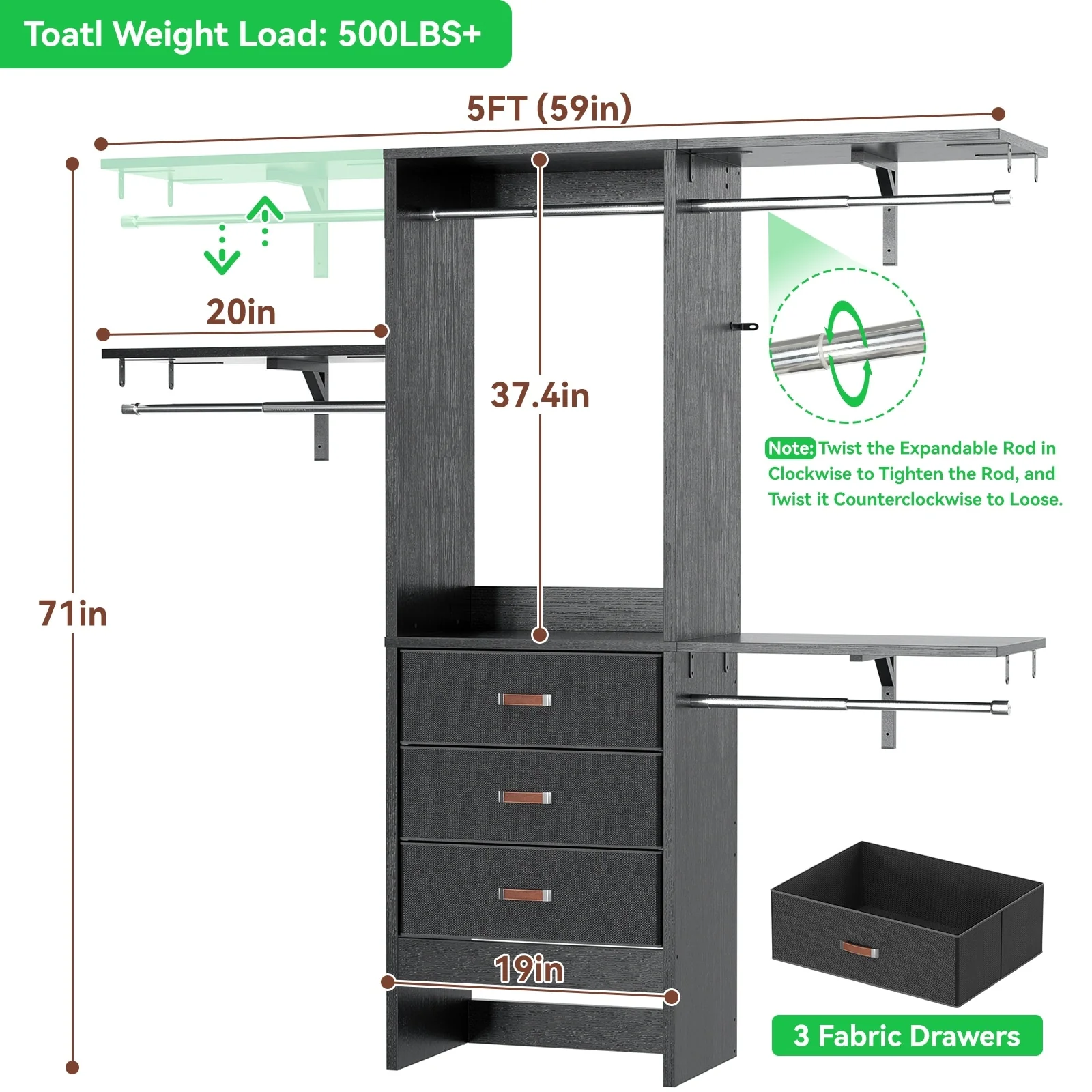 4FT Kid‘s Closet System with Fabric Drawers, DIY Closet Organizer with Adjustable Hanging Rods