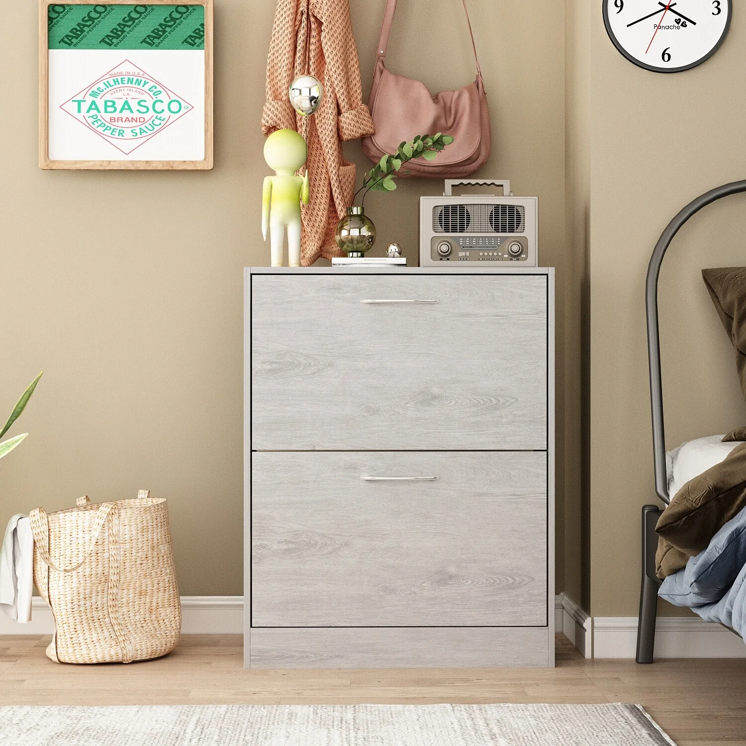 Grey Wood 12-Pair Shoe Storage Cabinet w/ 2 Flip Drawers by Kerrogee