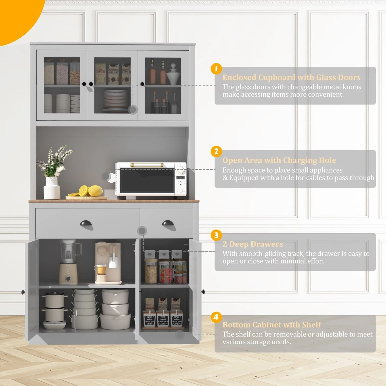 VEIKOUS Kitchen Pantry Storage Cabinet Cupboard with Framed Glass Door and Drawer