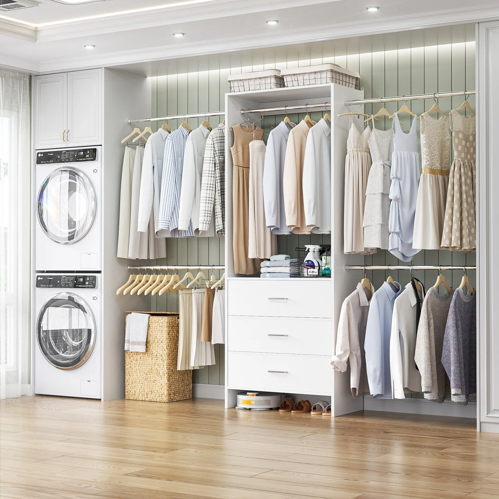 Cimly 118'' Closet Organizer with 3 Wooden Drawers, Adjustable Closet System with 5 Hanging Rods