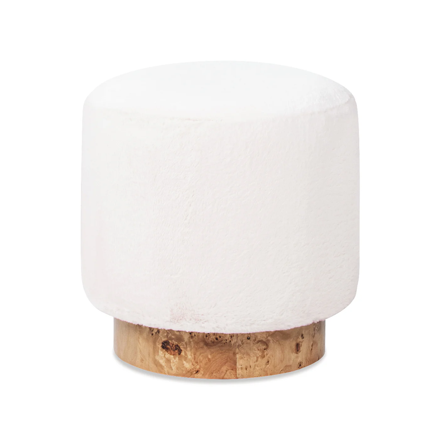Upholstered Round Ottoman with Burl Wood Veneer Base