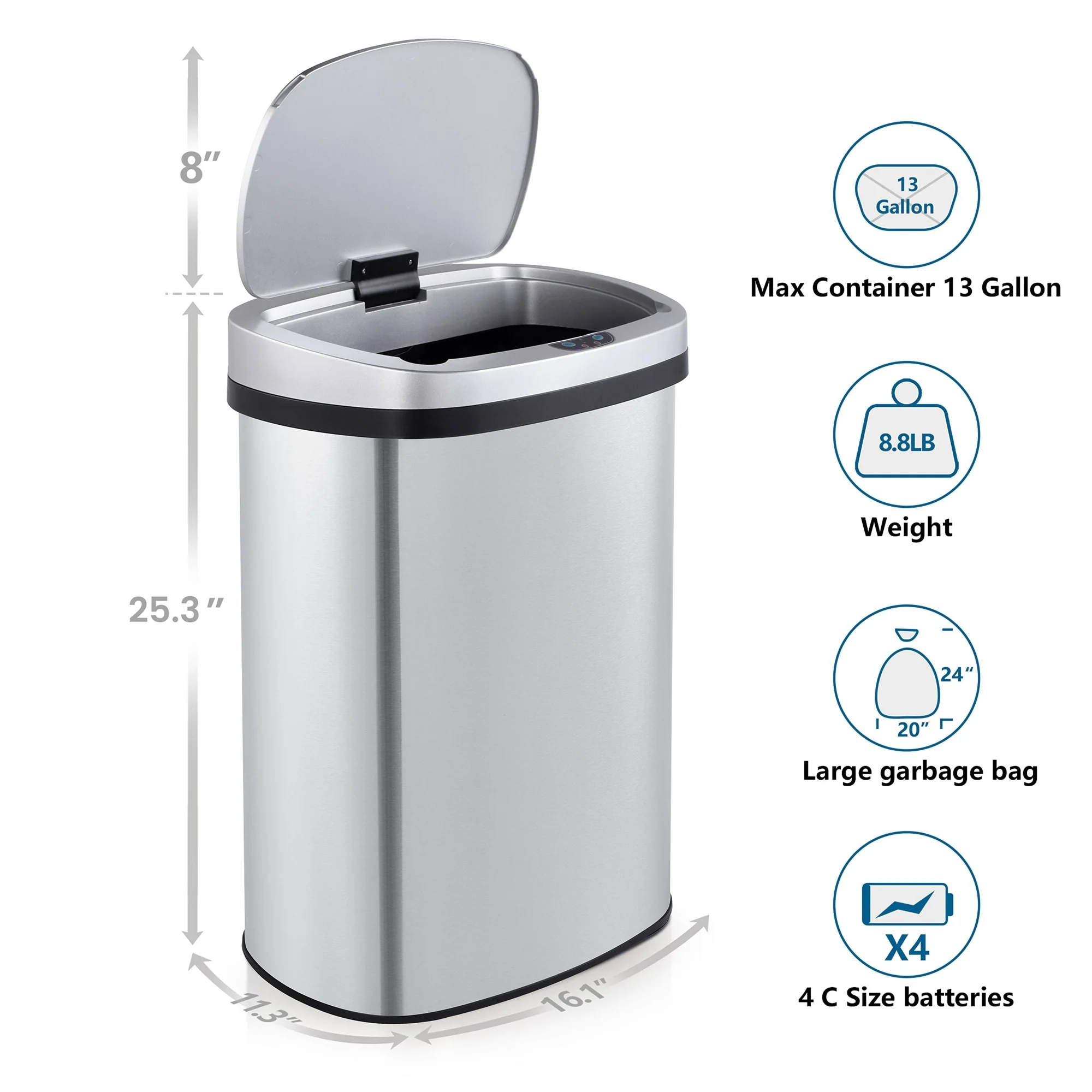 Innovaze 13 Gal./50 Liter Stainless Steel Oval Motion Sensor Trash Can for Kitchen