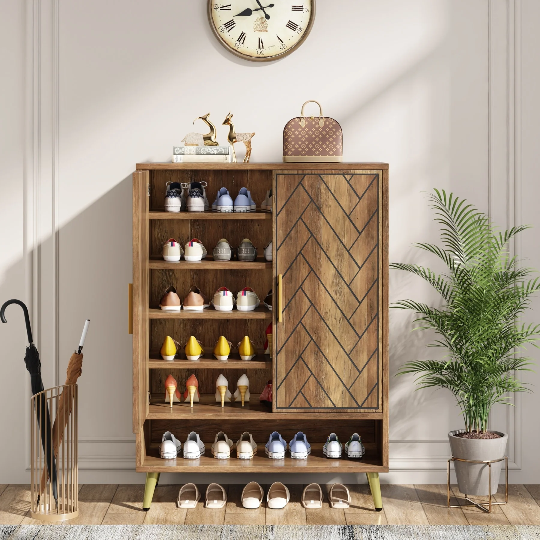 Walnut Shoe Cabinet, 6-Tier Wooden Shoe Organizer with Stable Leg