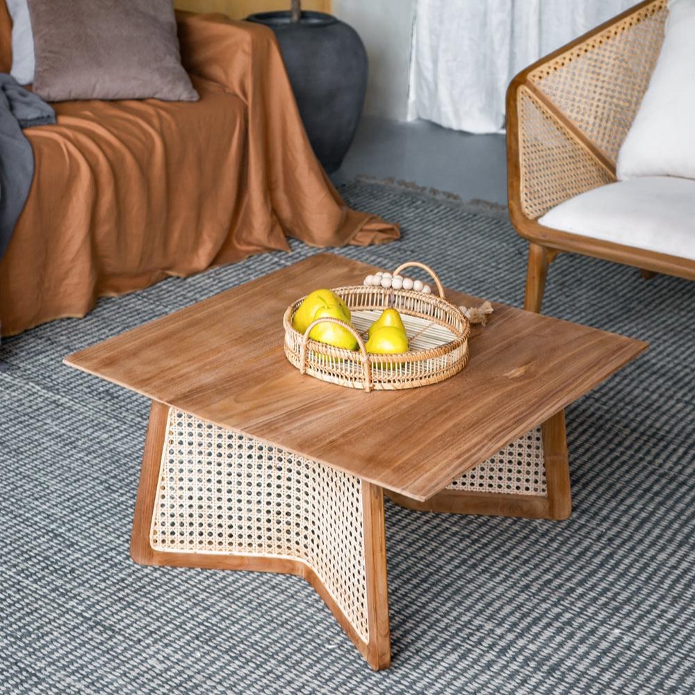 Square Coffee Table with Wooden Top and Rattan Base