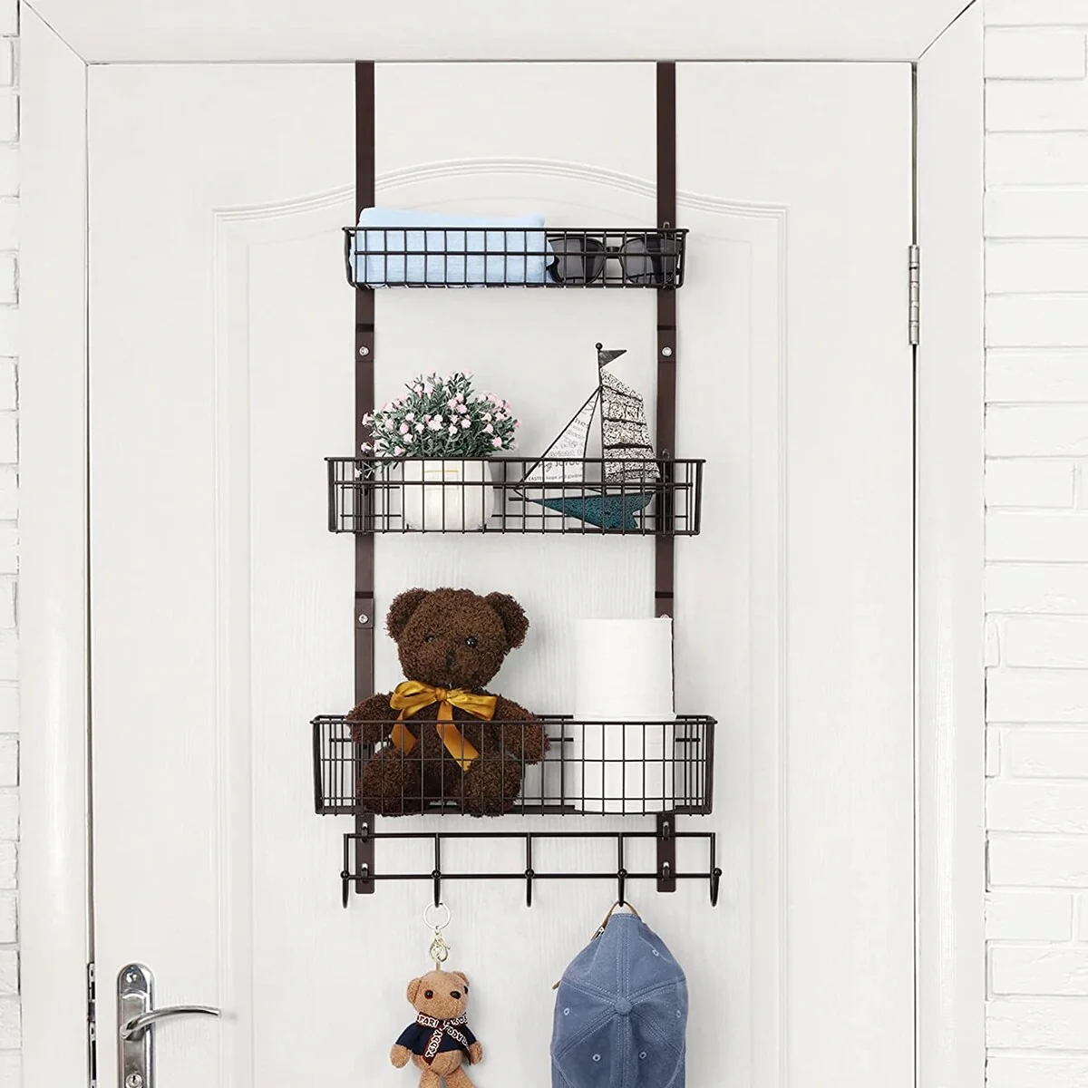 Over The Door Hanger with 2 Mesh Baskets 5 Hooks