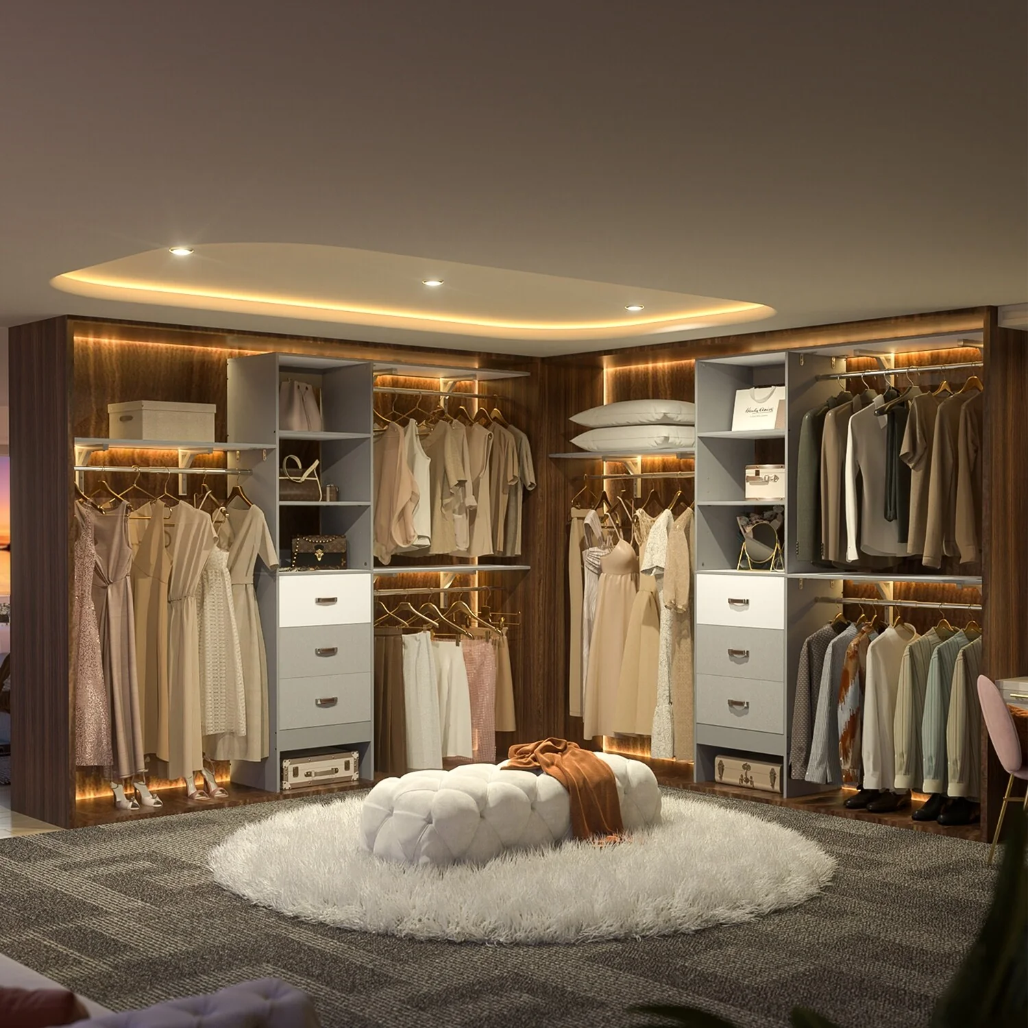 Rackcog 120'' Closet Organizer with Drawers, Closet System with DIY Shelves for Reach-in and Walk-in Closet