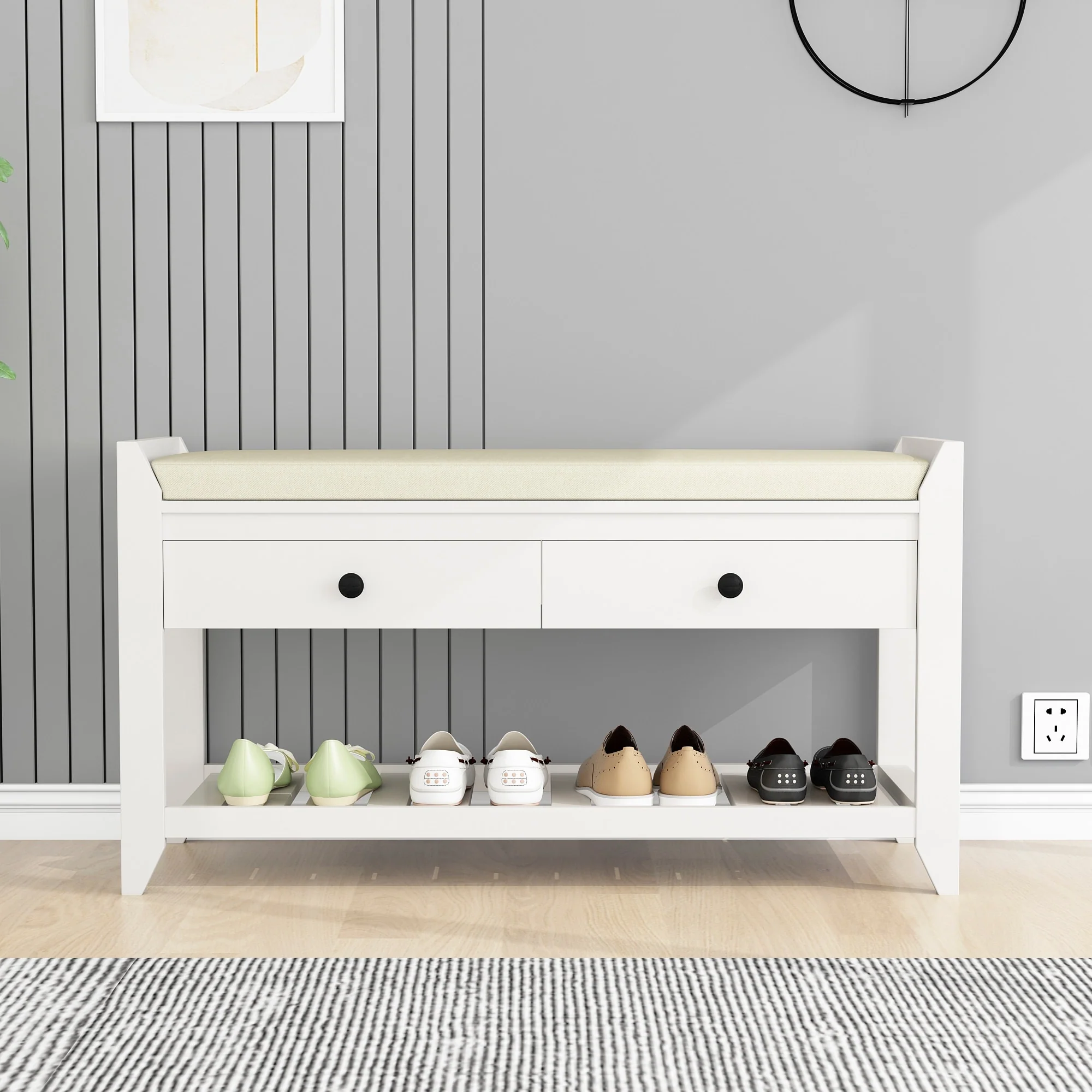 Multi-purpose Shoe Rack with Cushioned Seat and Drawers