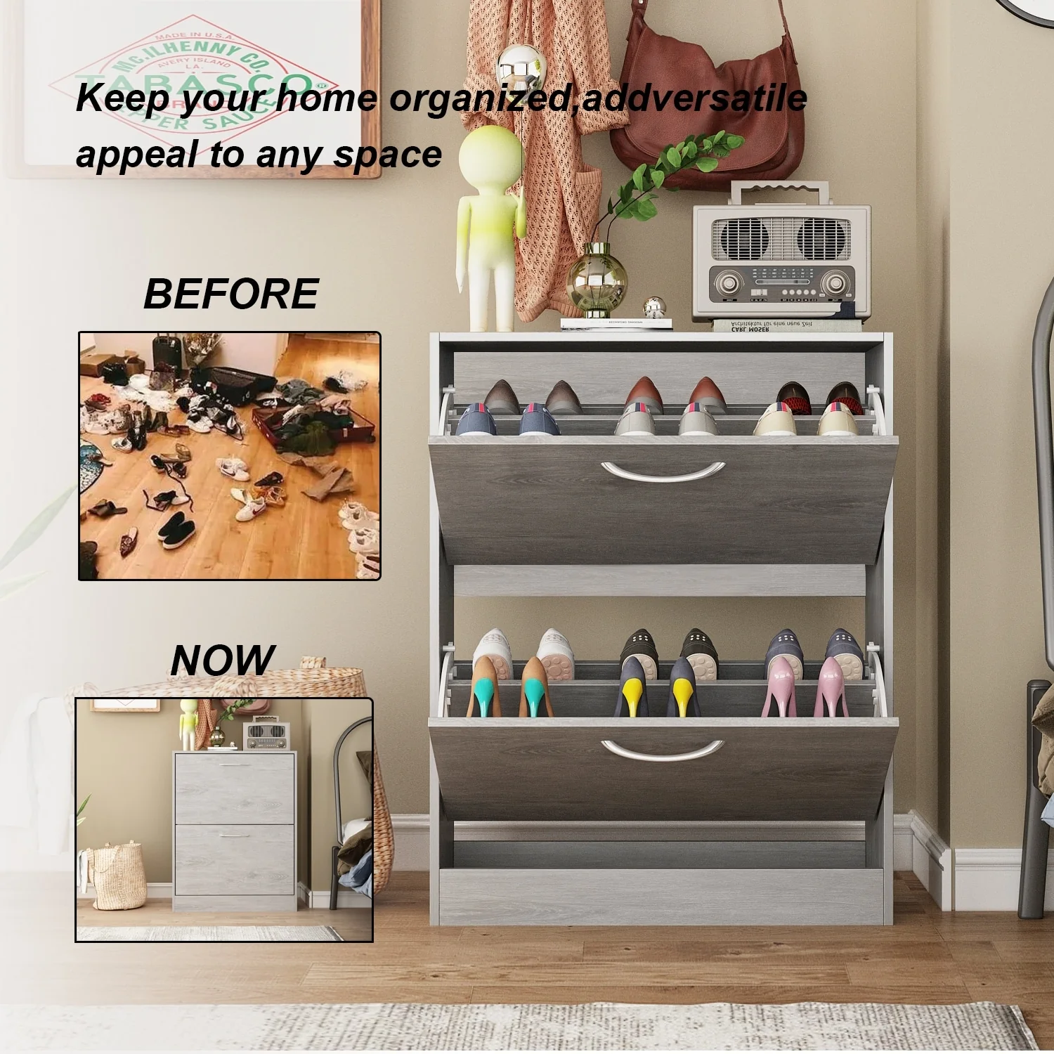Grey Wood 12-Pair Shoe Storage Cabinet w/ 2 Flip Drawers by Kerrogee