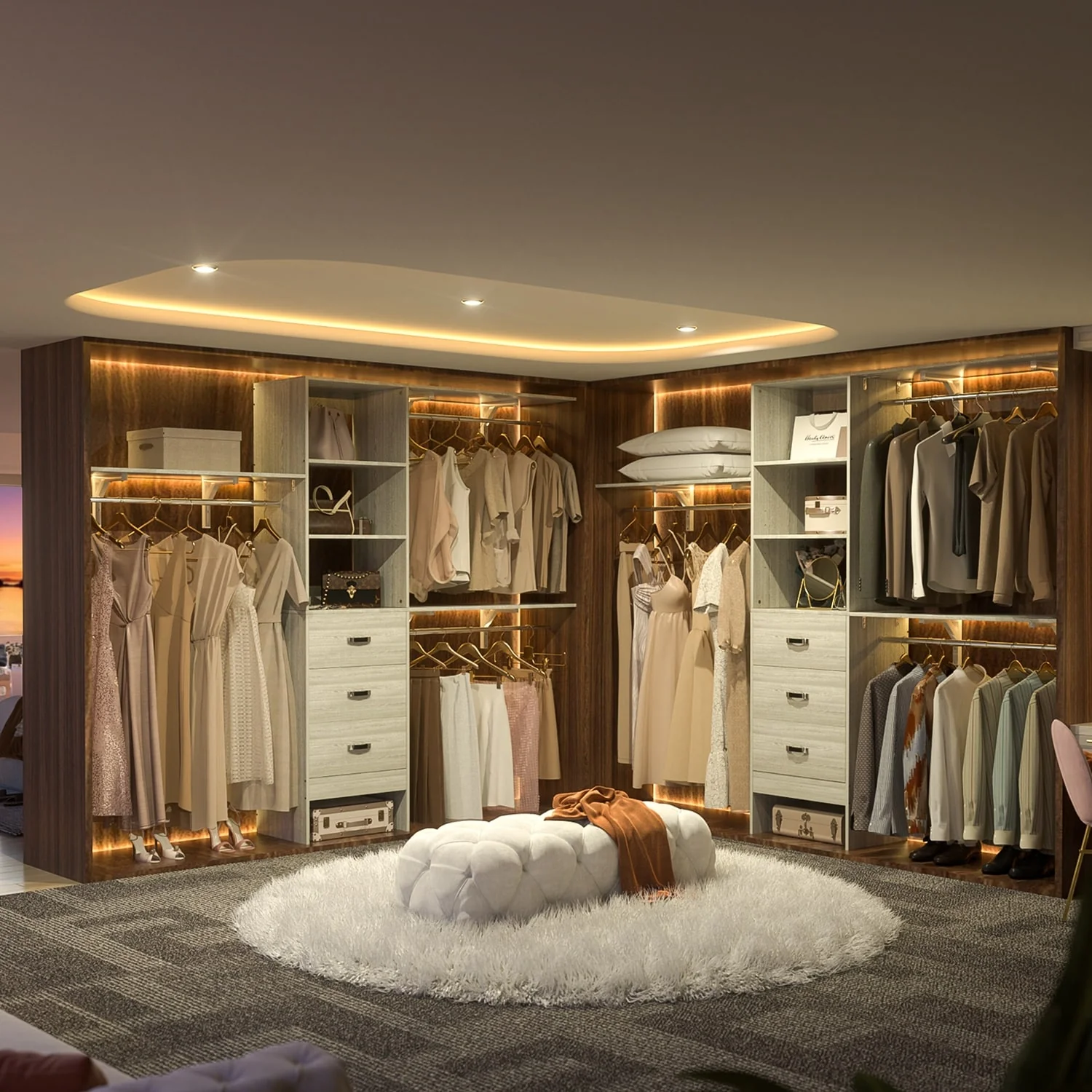 Rackcog 120'' Closet Organizer with Drawers, Closet System with DIY Shelves for Reach-in and Walk-in Closet