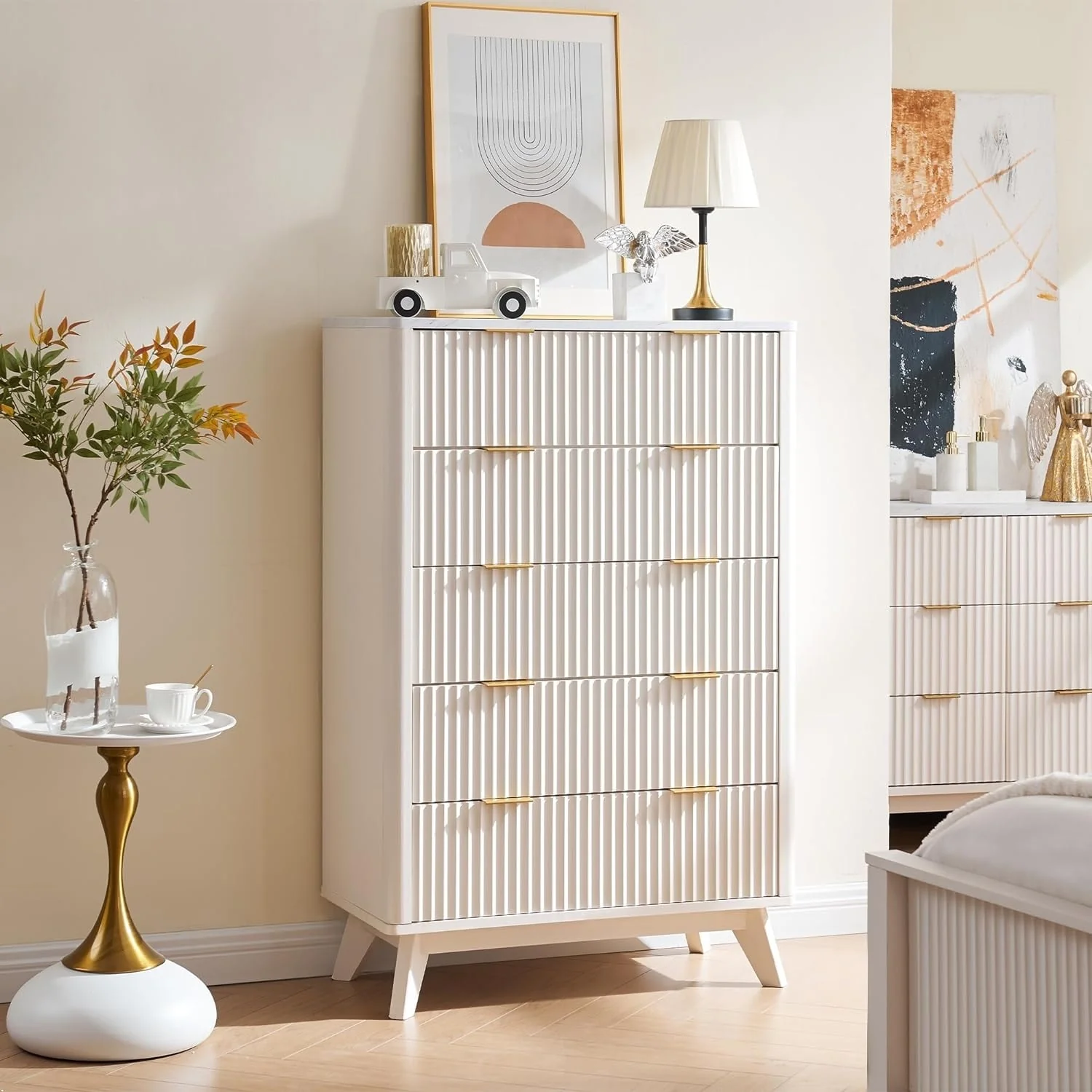 Modern Fluted 5 Drawers Dresser, Chest of Drawers, Dresser TV Stand