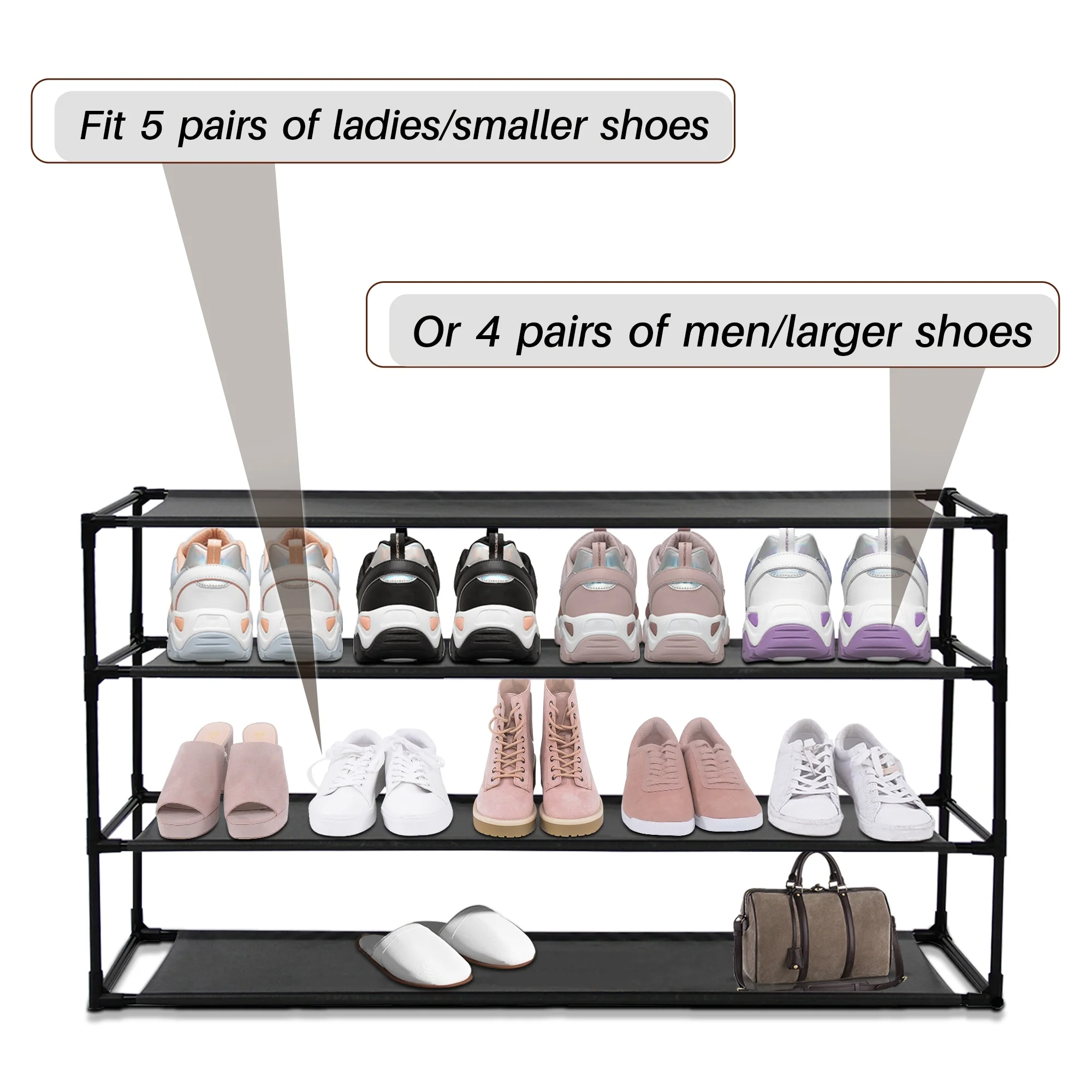 4 Tier Shoe Rack Detachable Non-Woven Waterproof Fabric Shoe Organizer Tower Black
