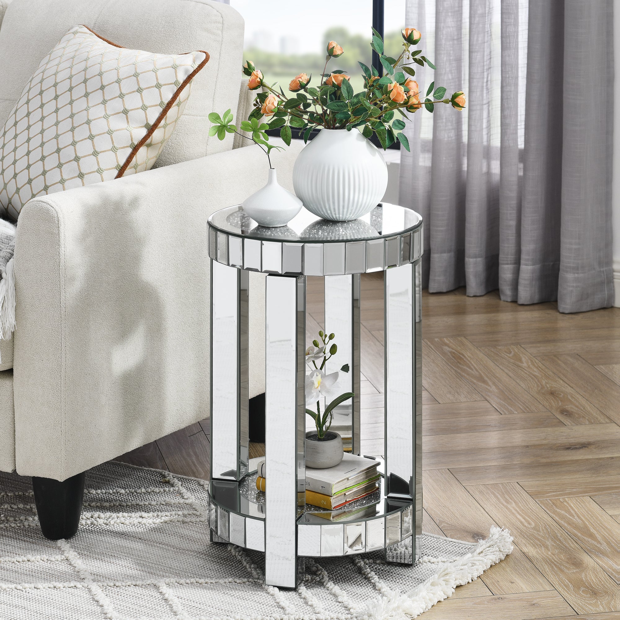 Mirror Round Side Table with Crystal Inlay and Storage Space
