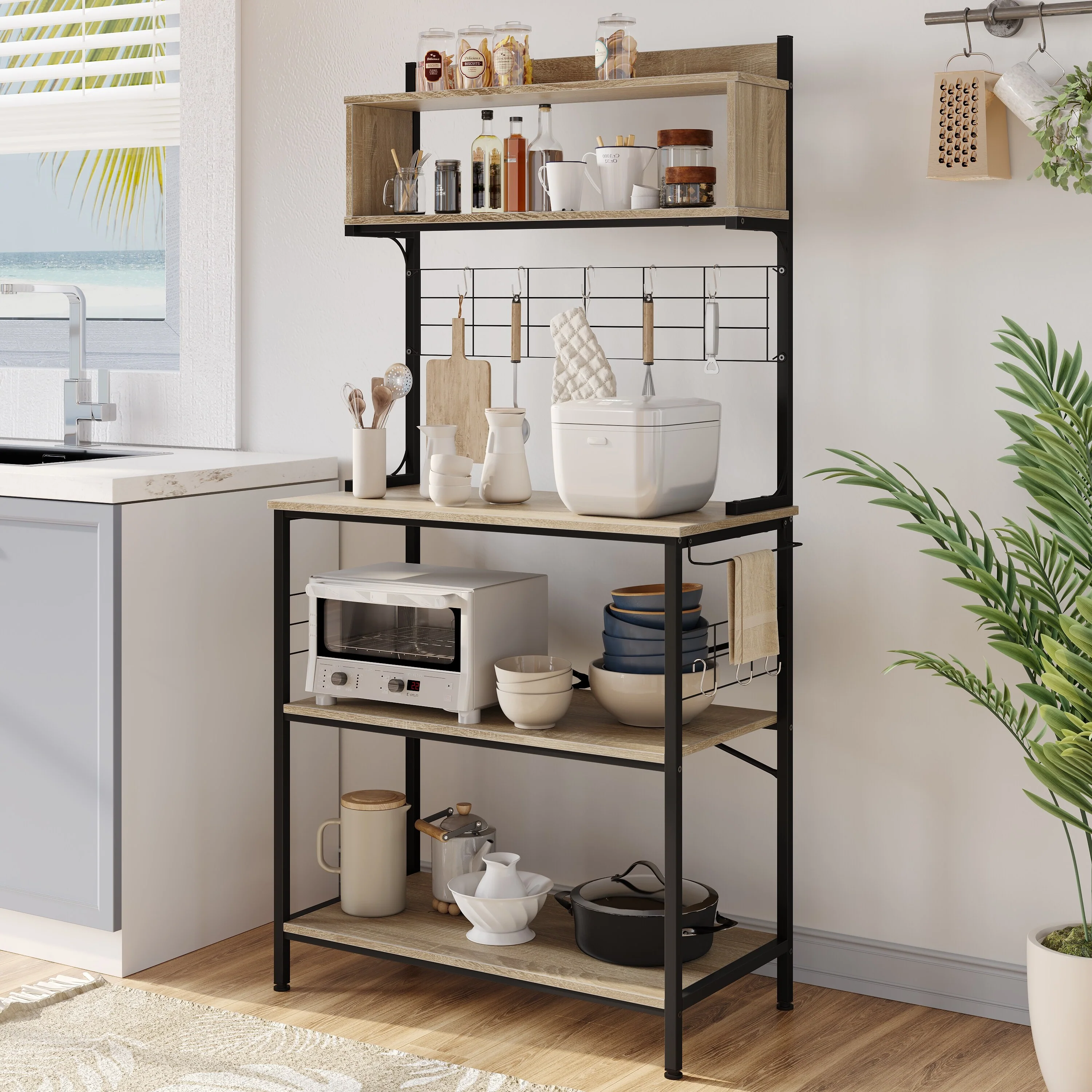 63 Inch Kitchen Baker's Rack with Hutch 8 Side Hooks
