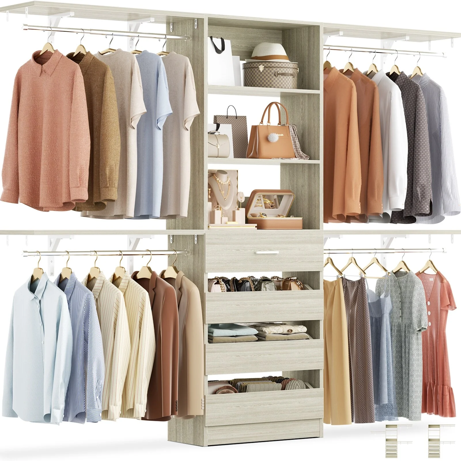 Rackcog 96'' Closet System with 4 Drawers and 4 Hanging Rods, 8FT Wood Closet Organizer for Walk-in Closet