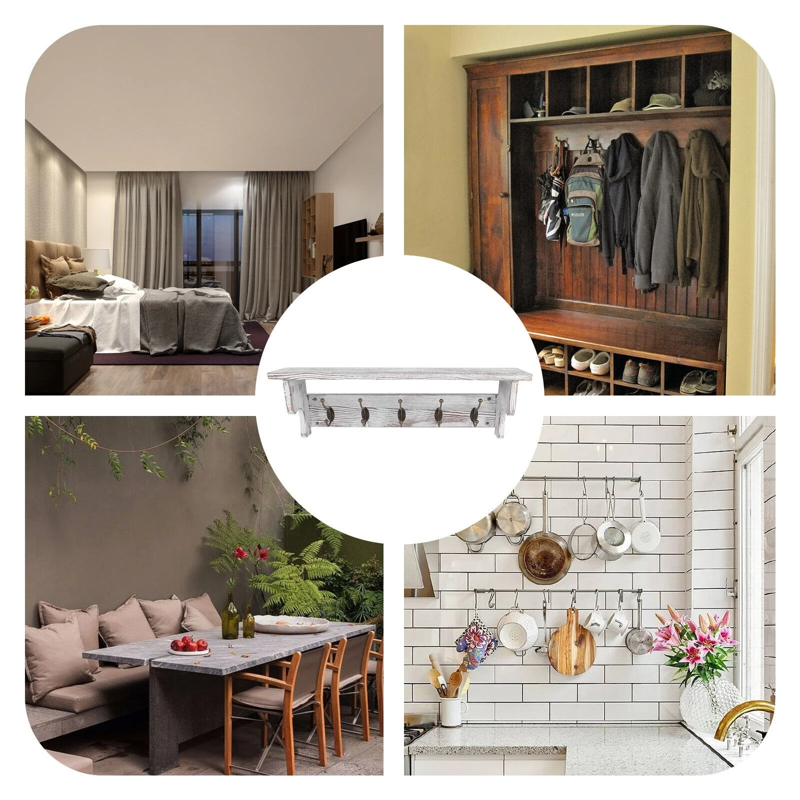 Rustic Wall Mounted Coat Rack with Storage Shelf & Metal Hooks