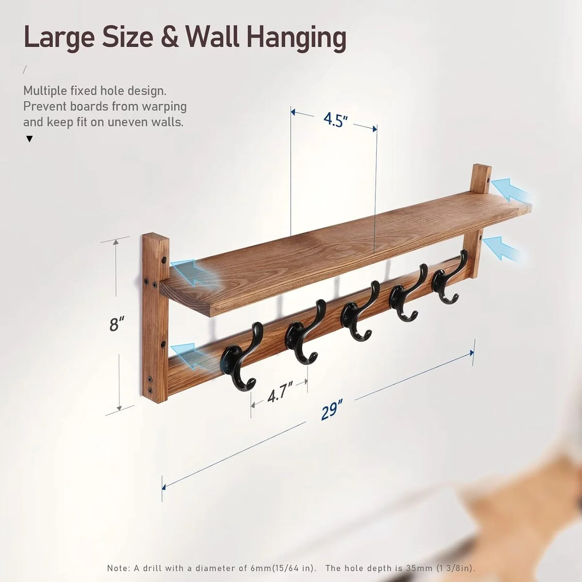 29'' Coat Rack Wall Mount with Shelf, Wood Wall Hooks with Storage