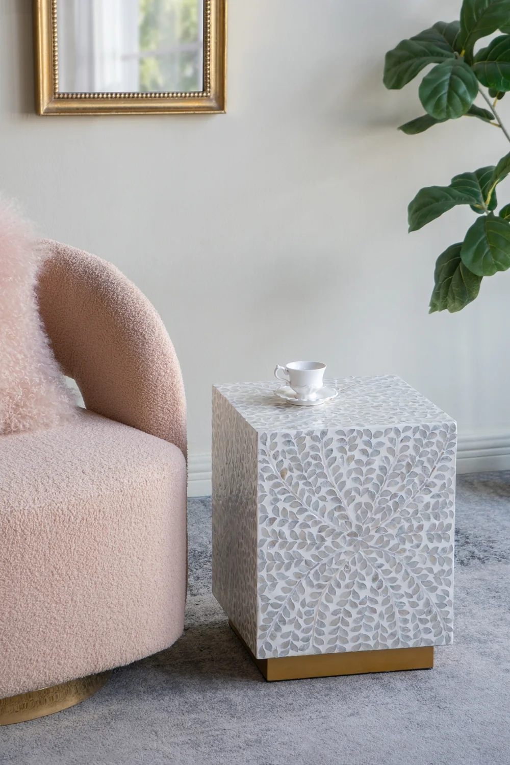 Square White Capiz Side Table