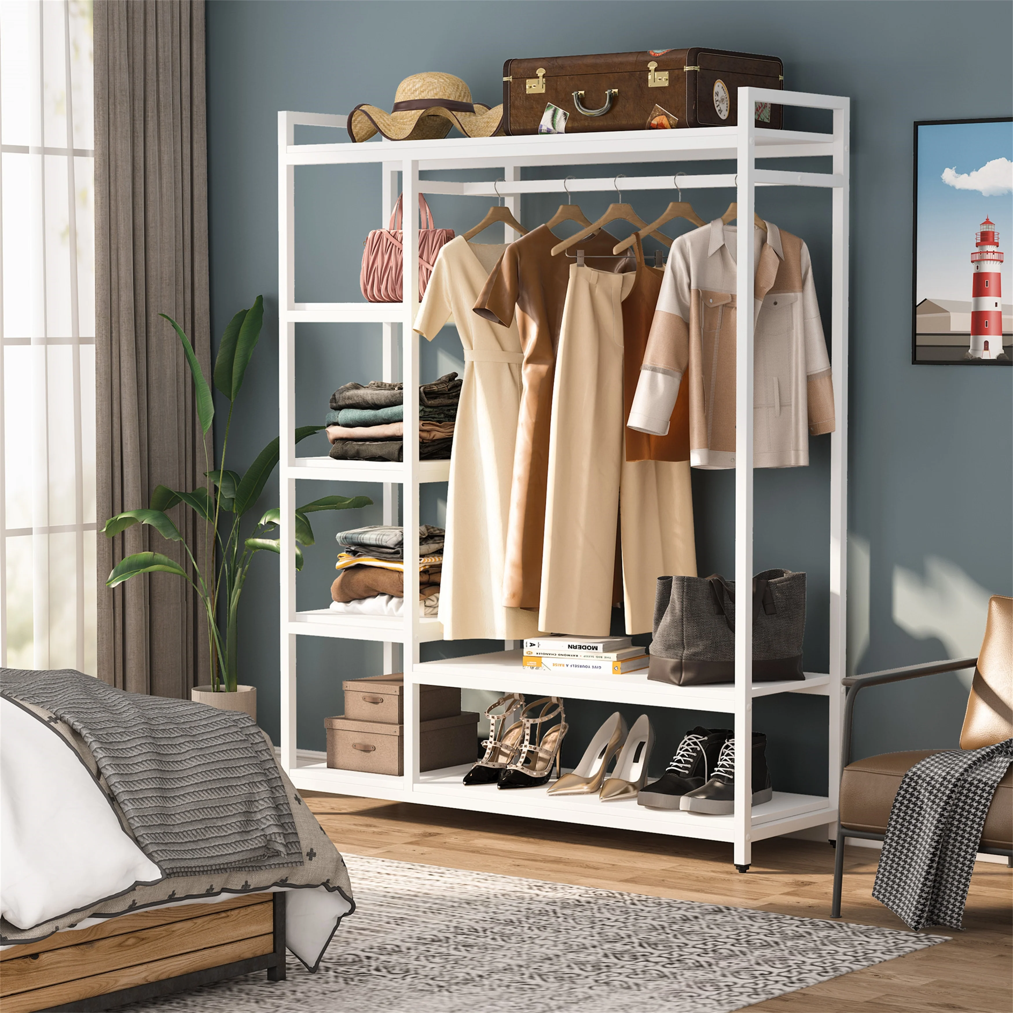 Black/ White Modern Clothes Garment Rack,Metal and Wood Closet Rack Closet Organizer System with Hanging Rod and Shelf