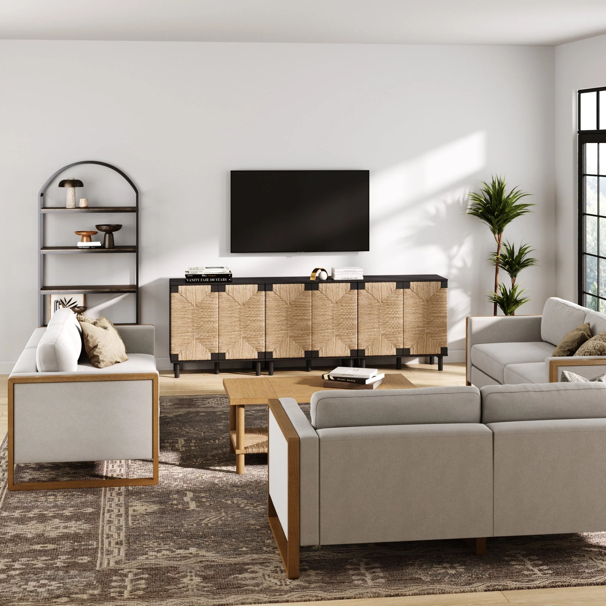 Nathan James Beacon Wood Accent Cabinet with Seagrass Doors and Adjustable Shelf