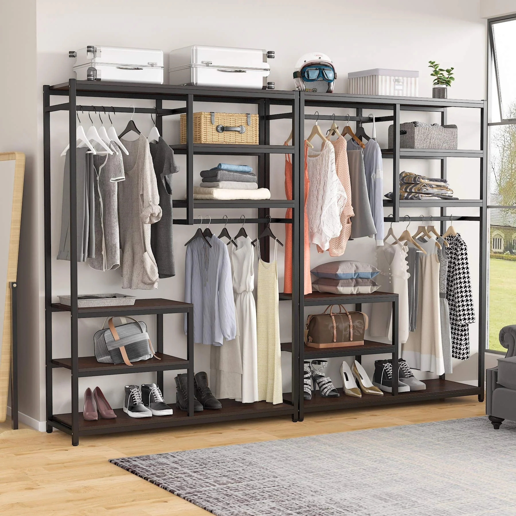 Freestanding Closet Organizer Garment Rack with Hanging Rod and Storage Shelf