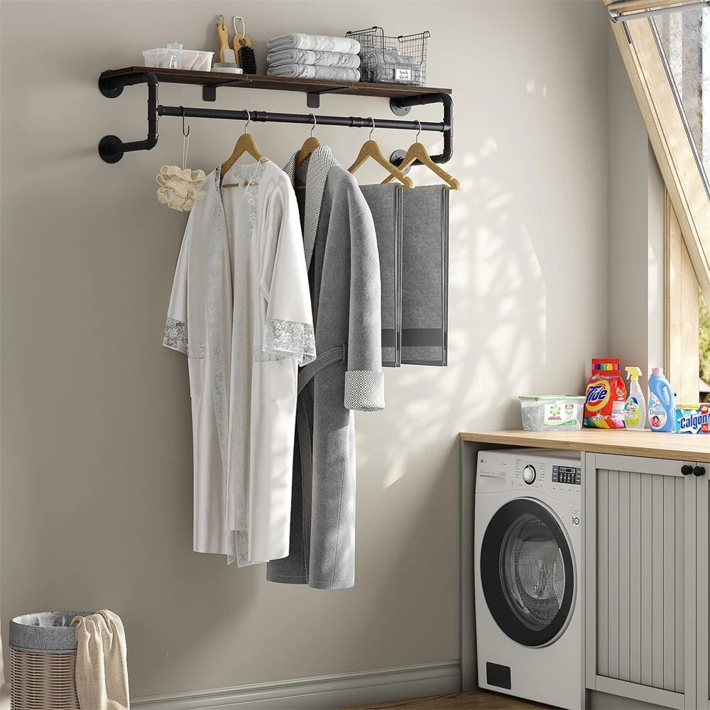 Industrial Pipe Garment Rack with Wood Shelf Wall Mounted Clothing Rack