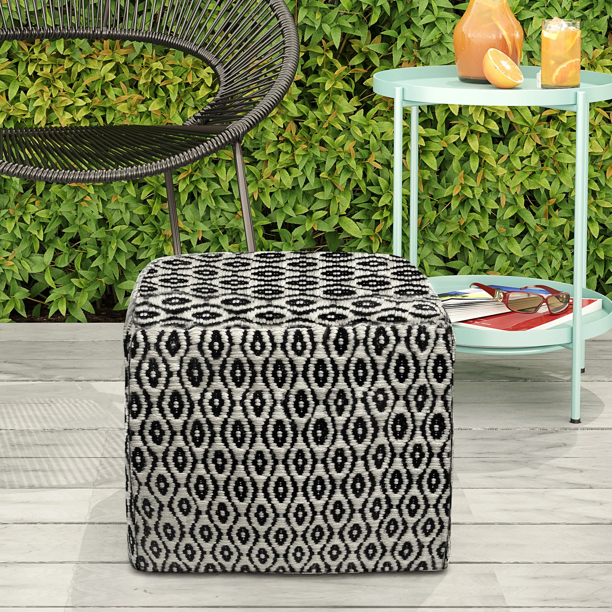Outdoor Square Woven Pouf with Geometric Pattern