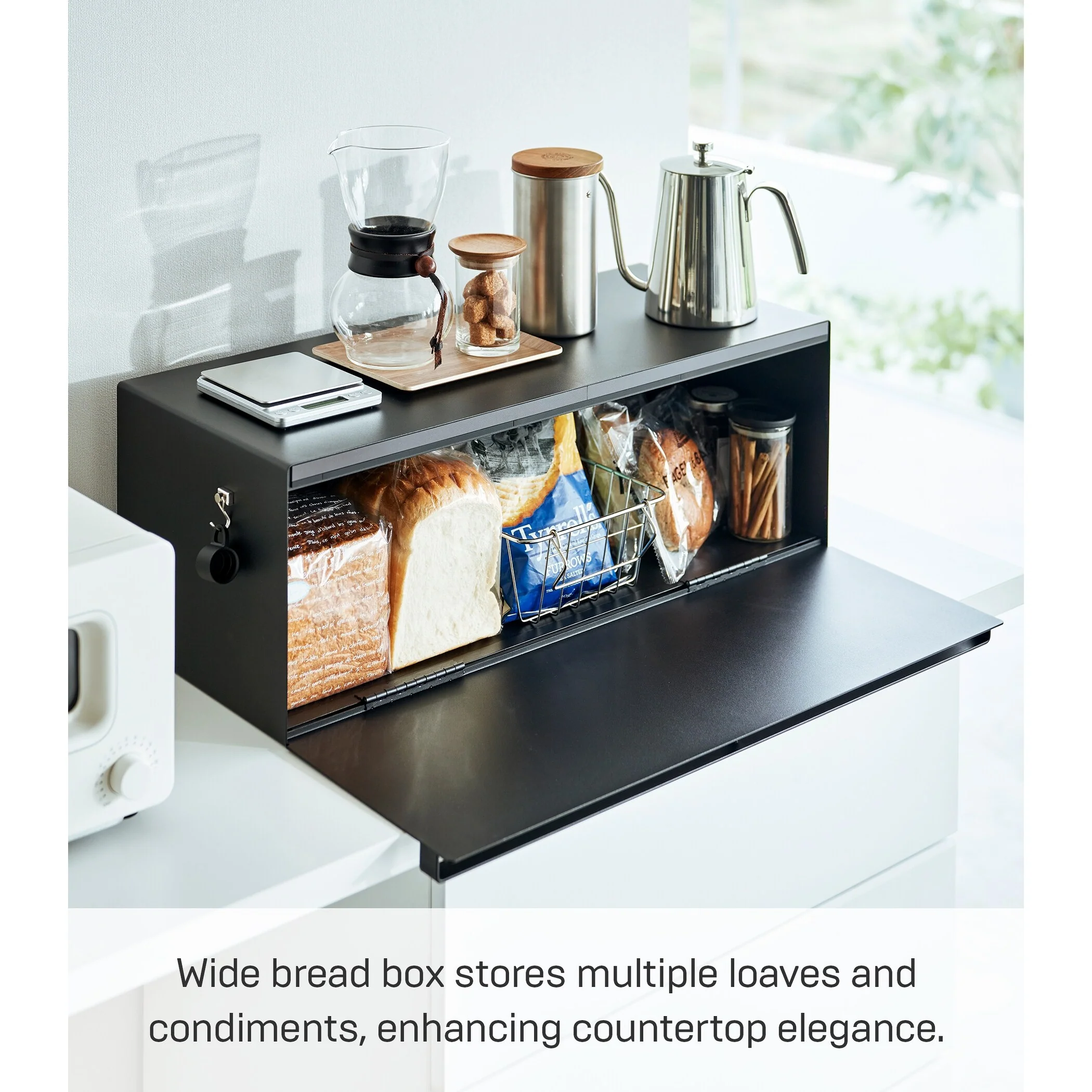 Yamazaki Home Bread Box - Wide, Steel, 32L, Holds 22 lbs - L 11.81 x W 24.49 x H 8.66 inches