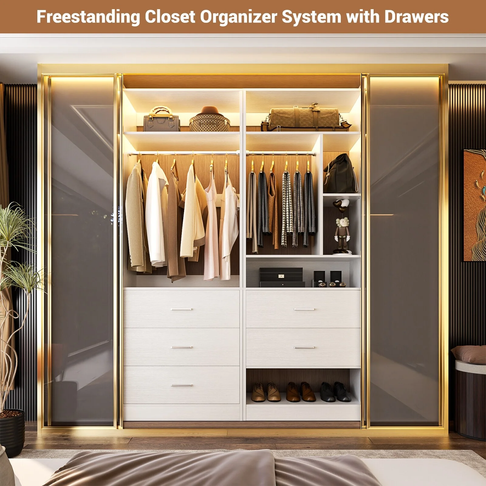 Kyrvo 48''W Set of 2 Freestanding Closet System with 5 Drawers ＆ 2 Hanging Rods,Reversible Wardrobe for Walk-in/Reach-in Closet