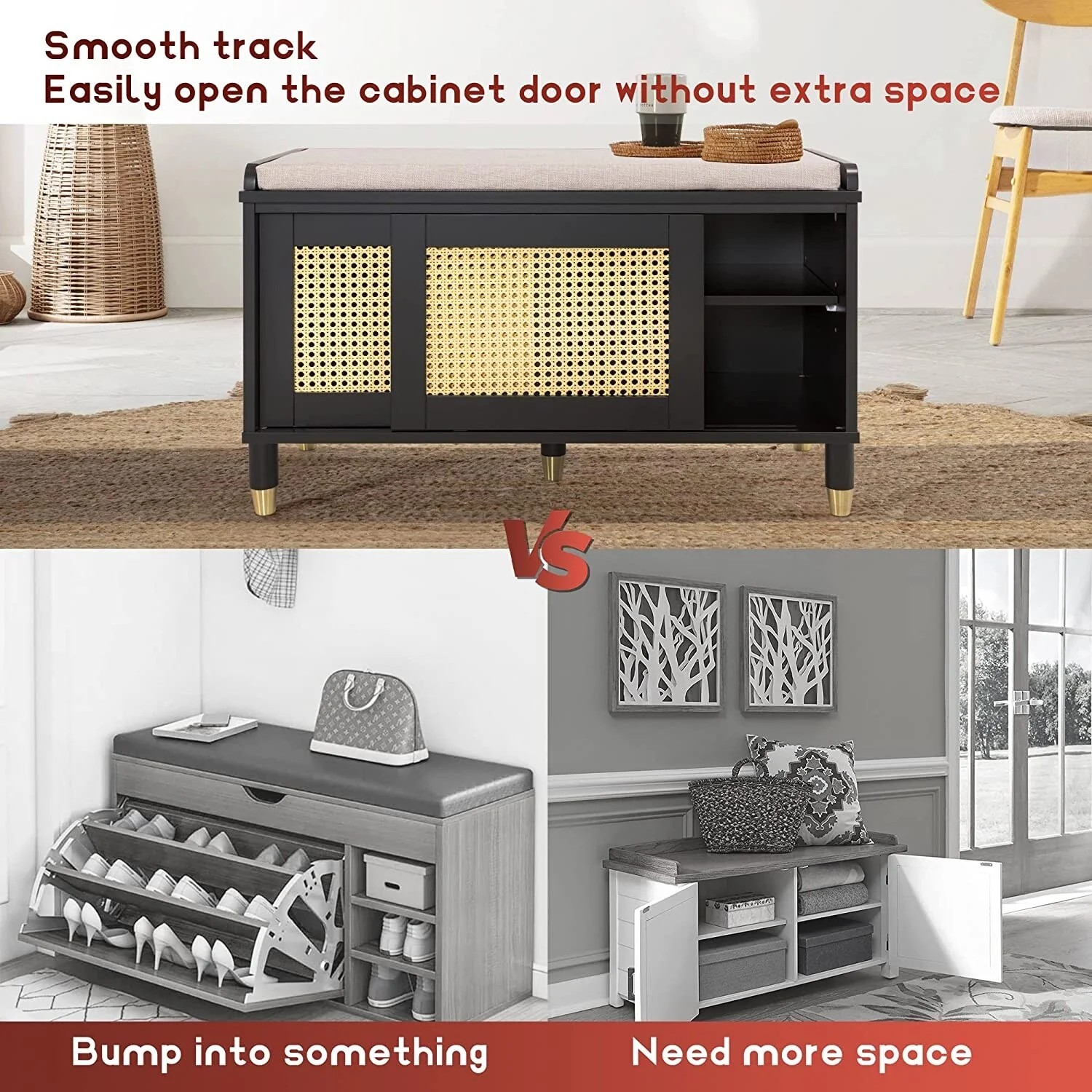 Shoe Storage Bench Cabinet Rattan Style Shoe Cabinet for Entryway