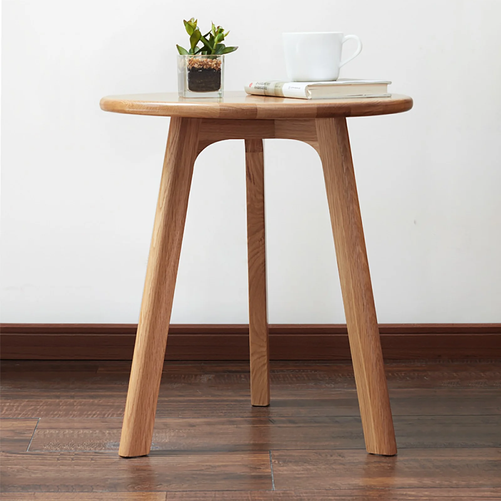 Round Side Table with Solid Oak Wood Frame