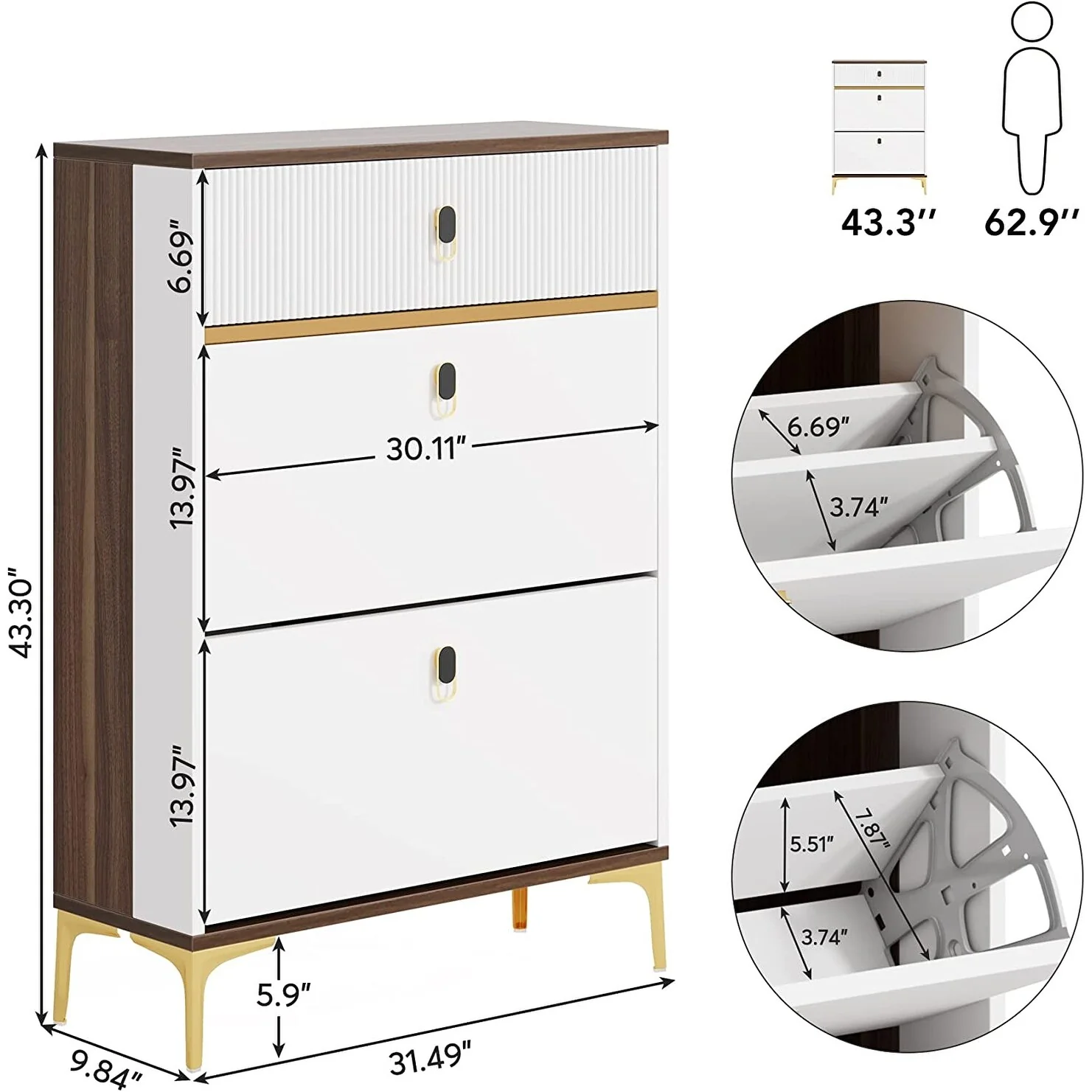 Shoe Storage Cabinet Entryway with 2 Flip Drawers