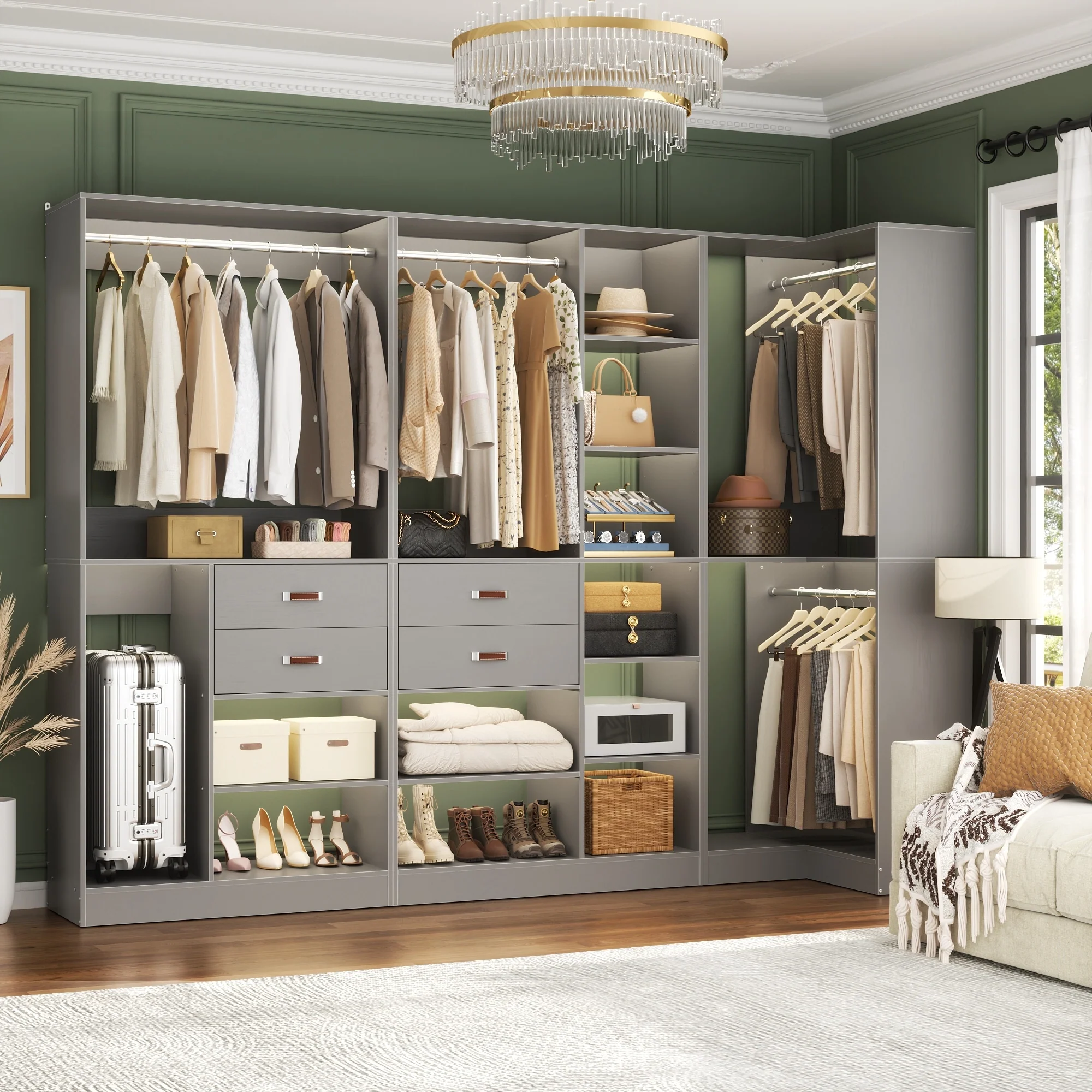Vryon 40'' W Freestanding Closet System with 10 Storage Shelves and 2 Drawers and 1 Hanging Rods