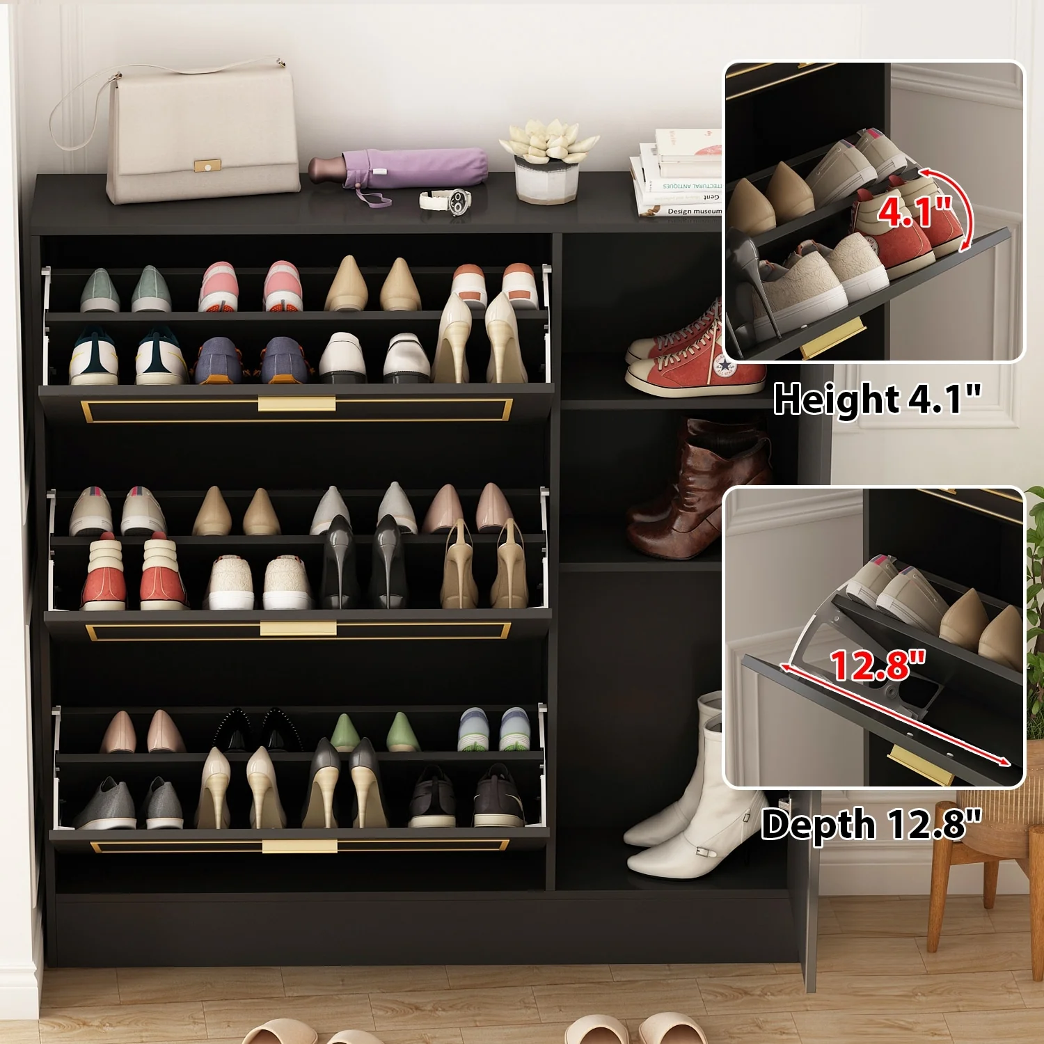 Fold-Out Shoes Cabinet Storage Cabinet Dresser Chest(Black/White)