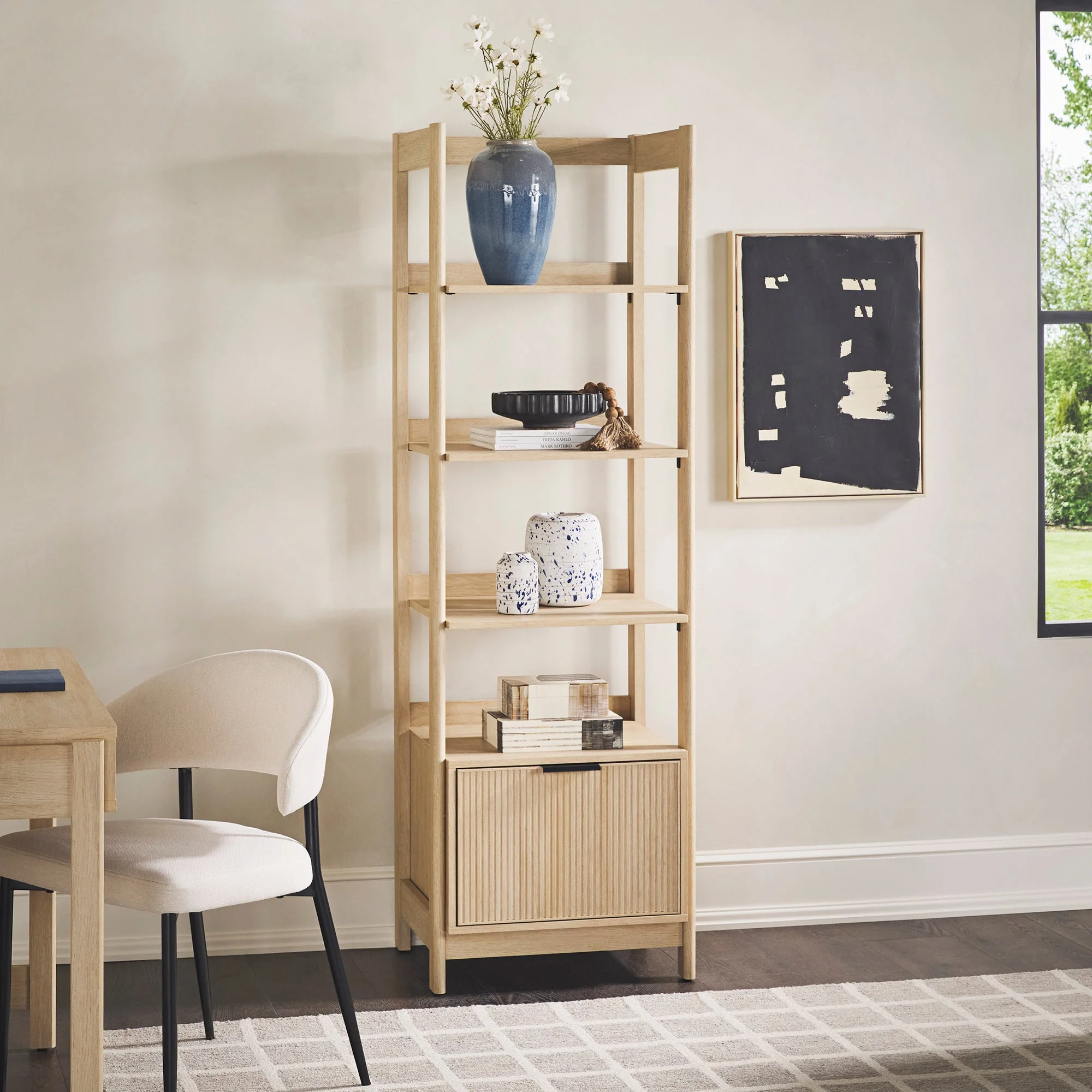 Jubilate Narrow Bookcase with Fluted Drawer and 4 Open Shelves