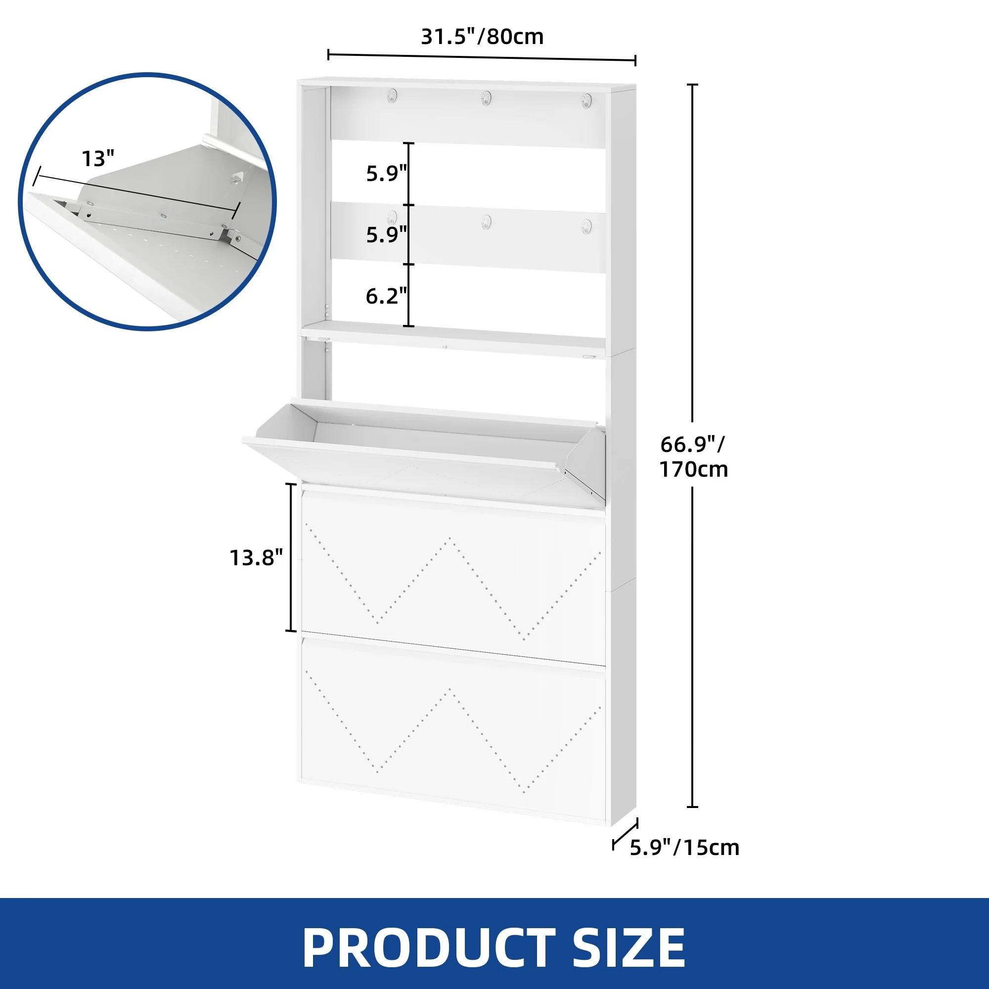Moasis Wall-Mounted Shoe Cabinet with 3 Flip Drawers, Shoe Organizer with Hanging Bars and Hooks