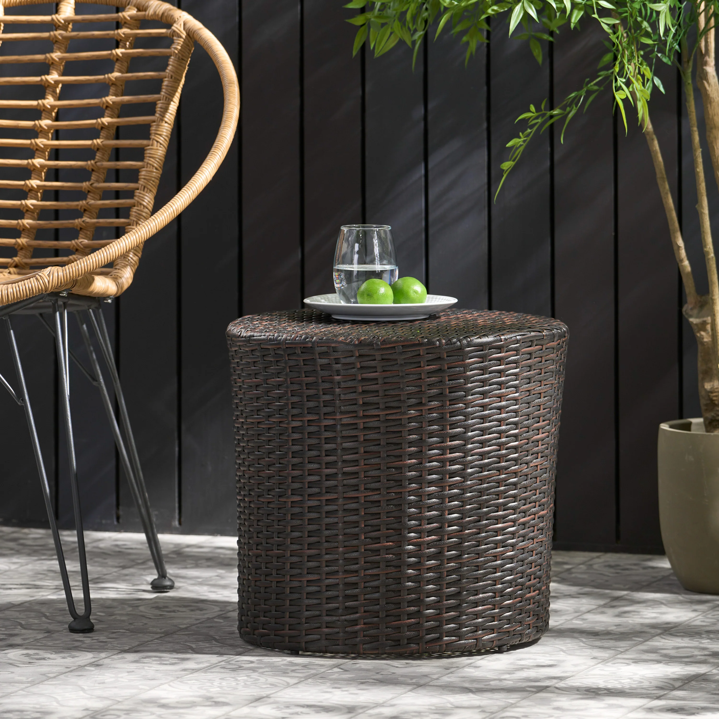 Barrel Side Table with Handcrafted Details, Brown