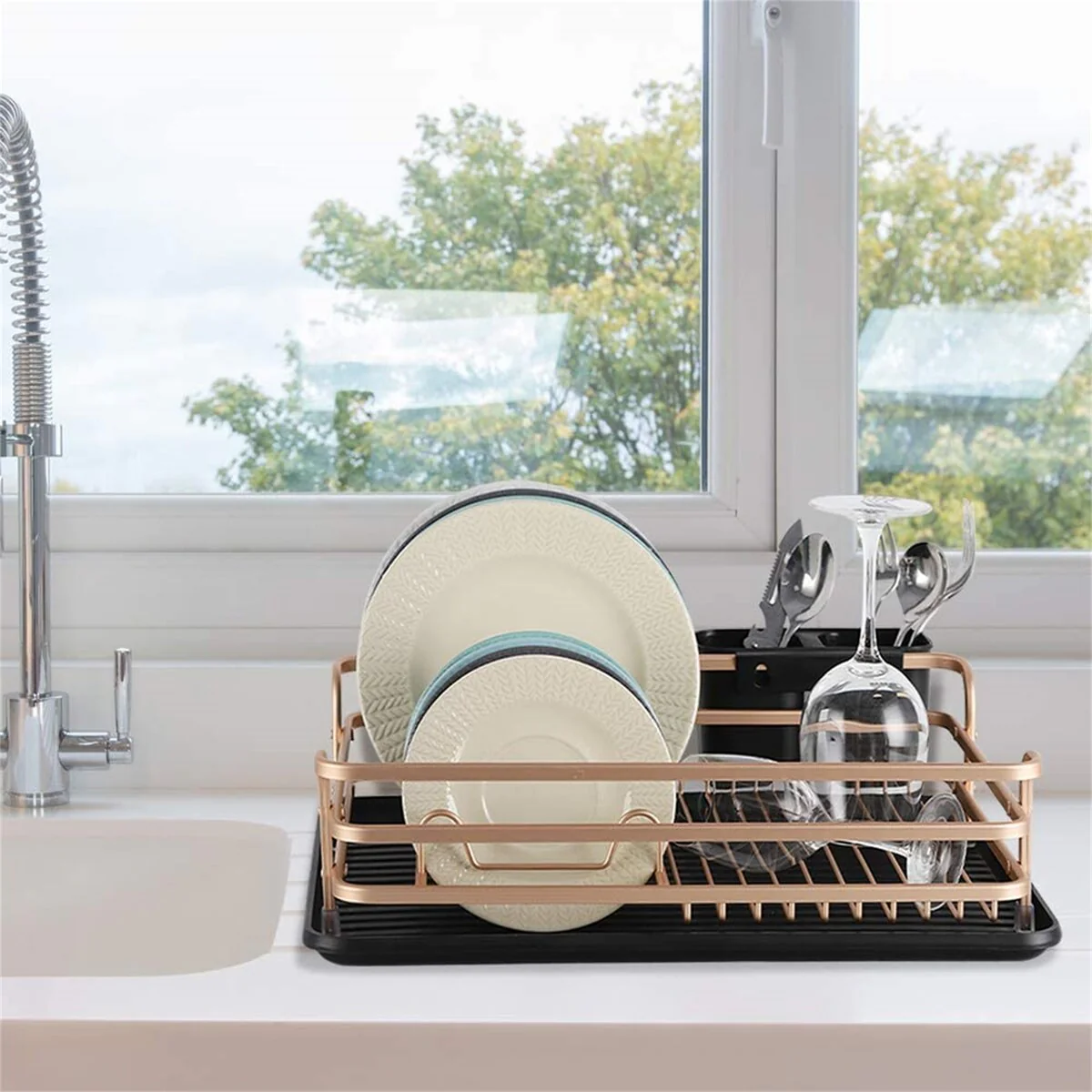 Aluminum Dish Drying Rack with Cutlery Holder, Rose Gold