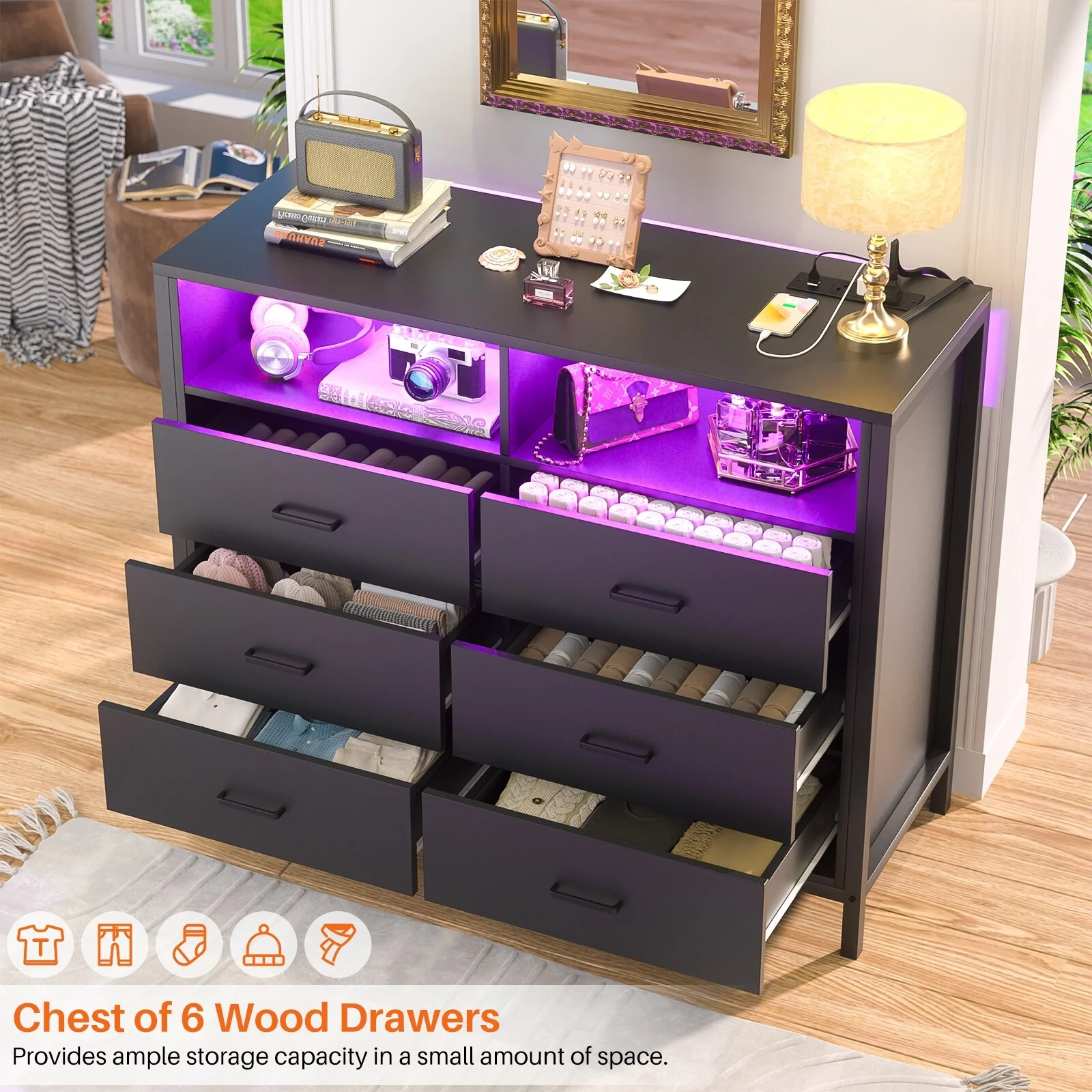 Chest of Drawers with LED Lights and Outlets,Wood Drawer Dresser for Clothes Storage