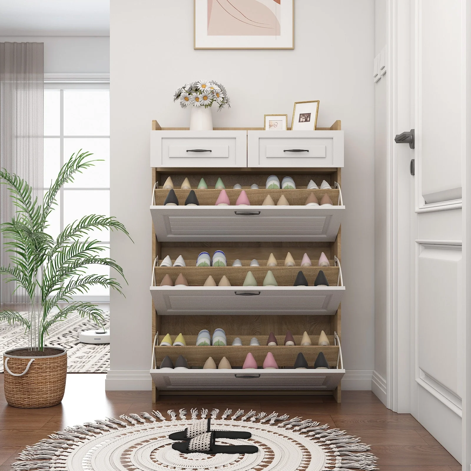 Versatile White Oak Shoe Cabinet with PVC Shaped Door and Spacious Storage