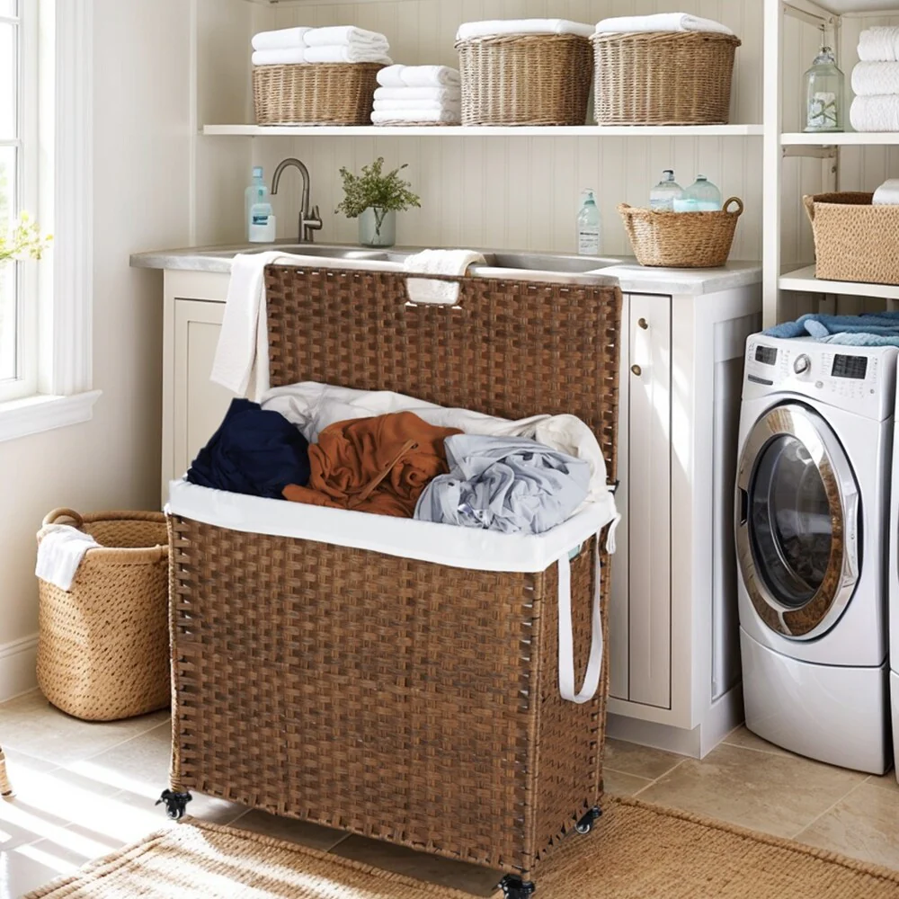Laundry Hamper with Wheels, 160L Rattan Hampers & 2 Removable Liner Bags, Laundry Basket with Lid - 27