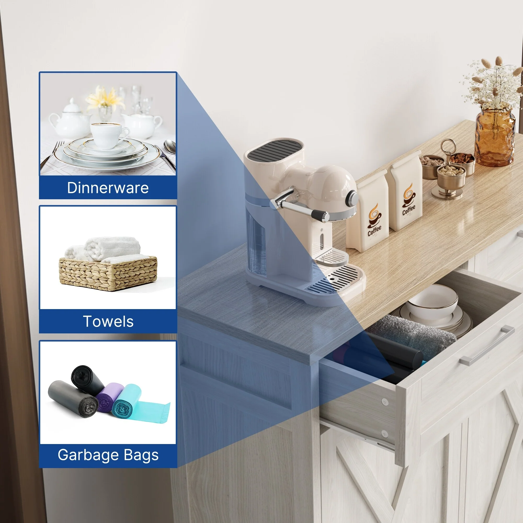 Moasis Kitchen Wooden Double Tilt Out Trash Can Cabinet with 2-Drawer