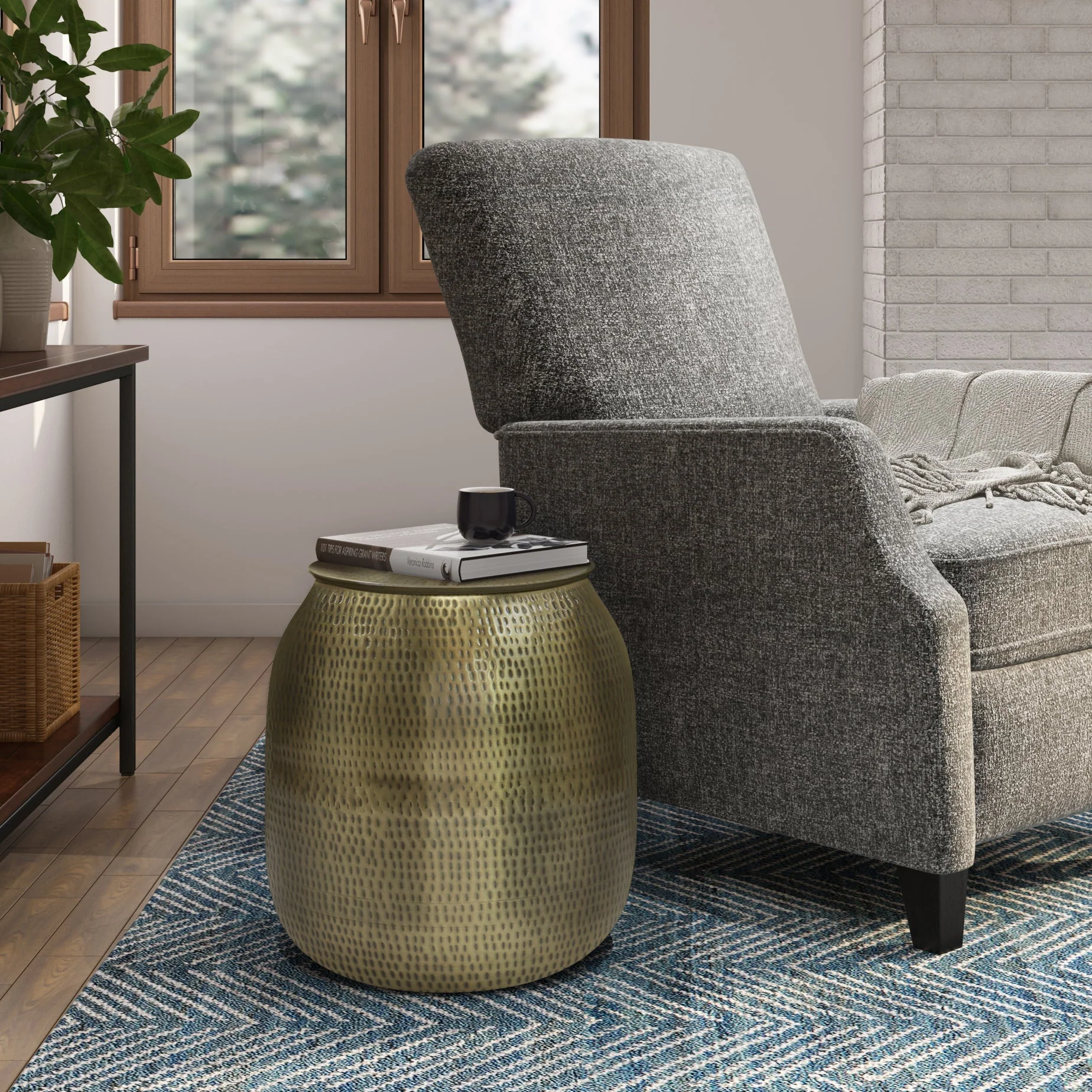Destiny Drum-Shaped Hammered Accent Table with Removable Top