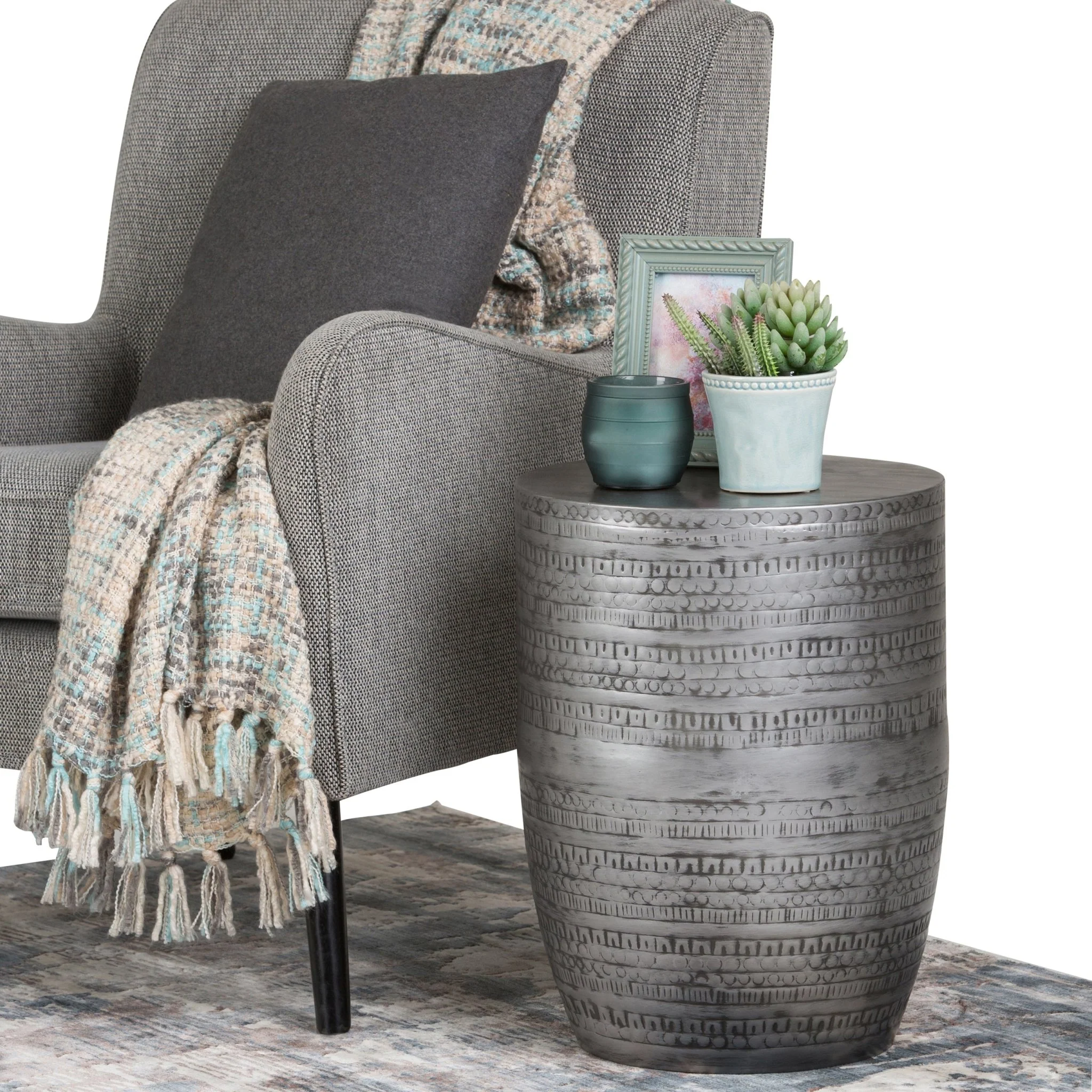 Heights Solid Metal Drum-Shaped Accent Table with Distinctive Texture