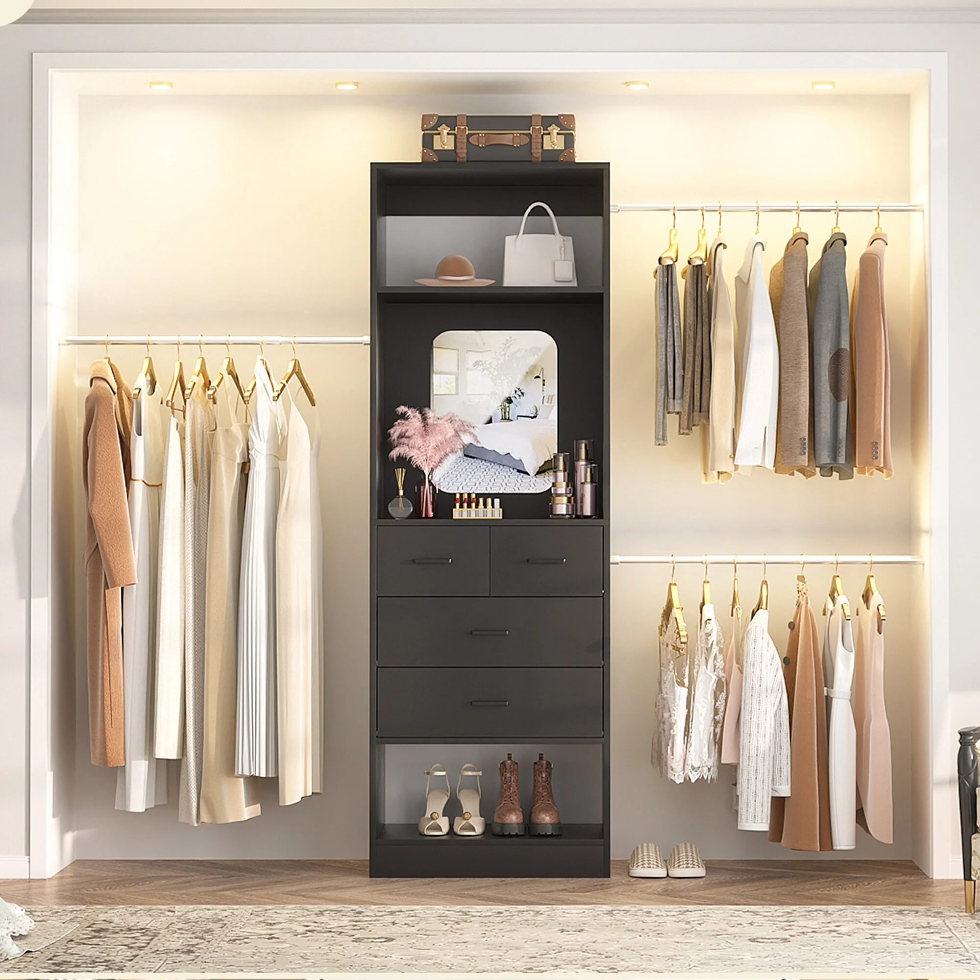 96'' W Closet System with Mirror, 8FT Walk-in Closet Organizer Kits with 4 Wooden Drawers ＆ 3 Extendable Hanging Rods