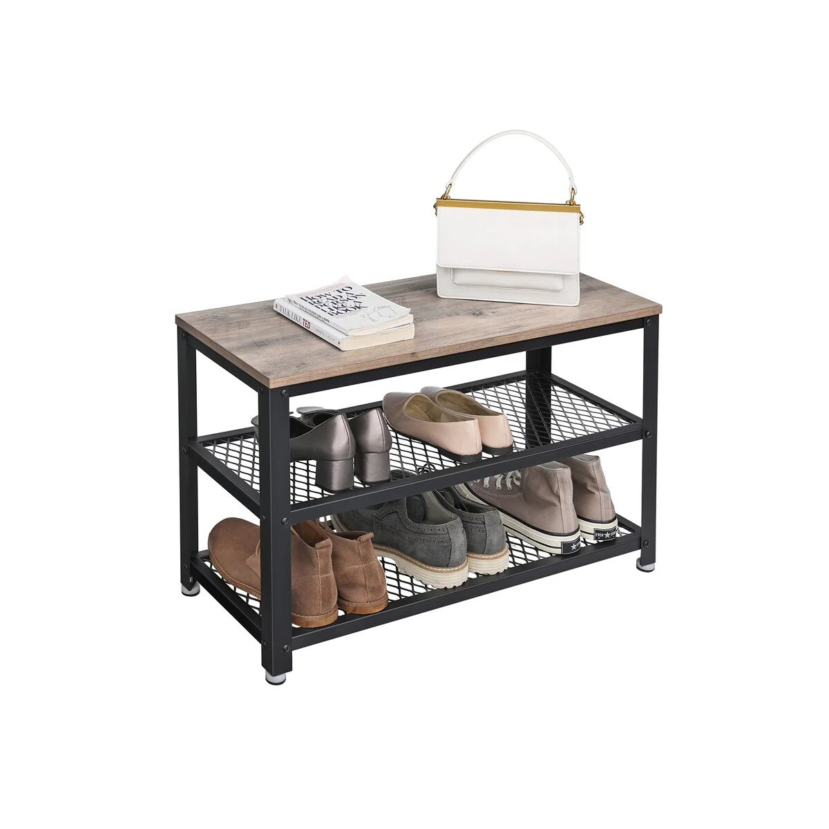 VASAGLE Industrial Shoe Bench, 3-Tier Shoe Rack, 39.4 Inches Long Storage Shelves, for Entryway