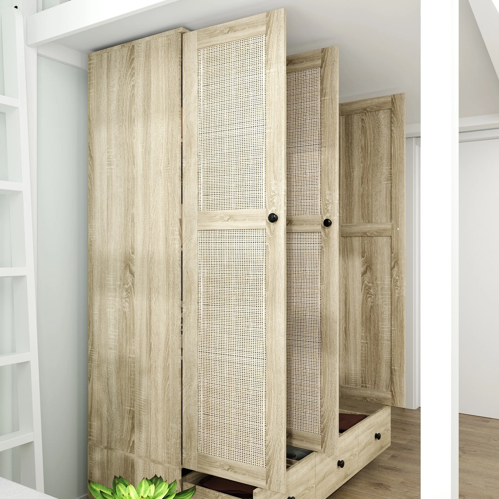 Large Storage Wardrobe Versatile Rattan Door Closet with Deep Drawers