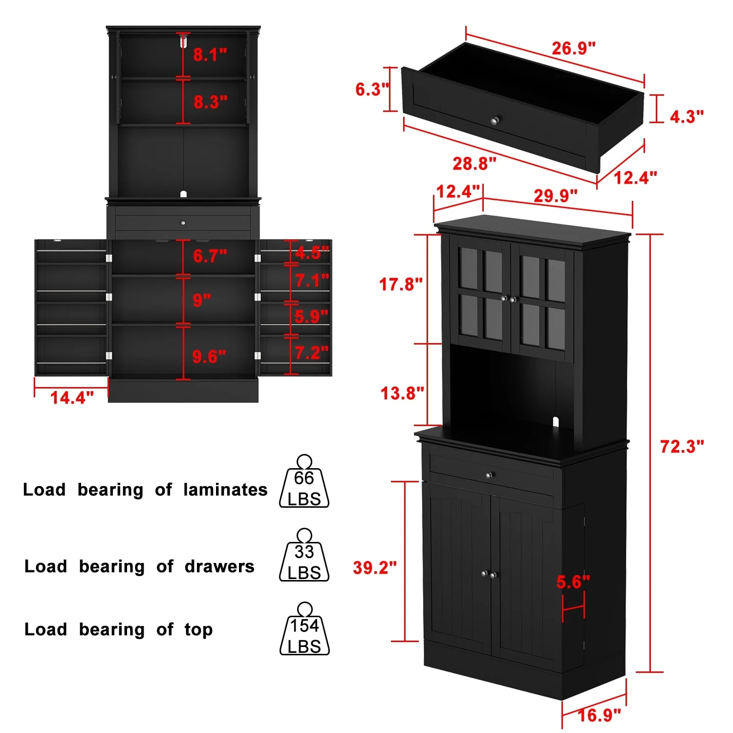 Long Standing Kitchen Cabinet with Large Open Space for Microwave - 30