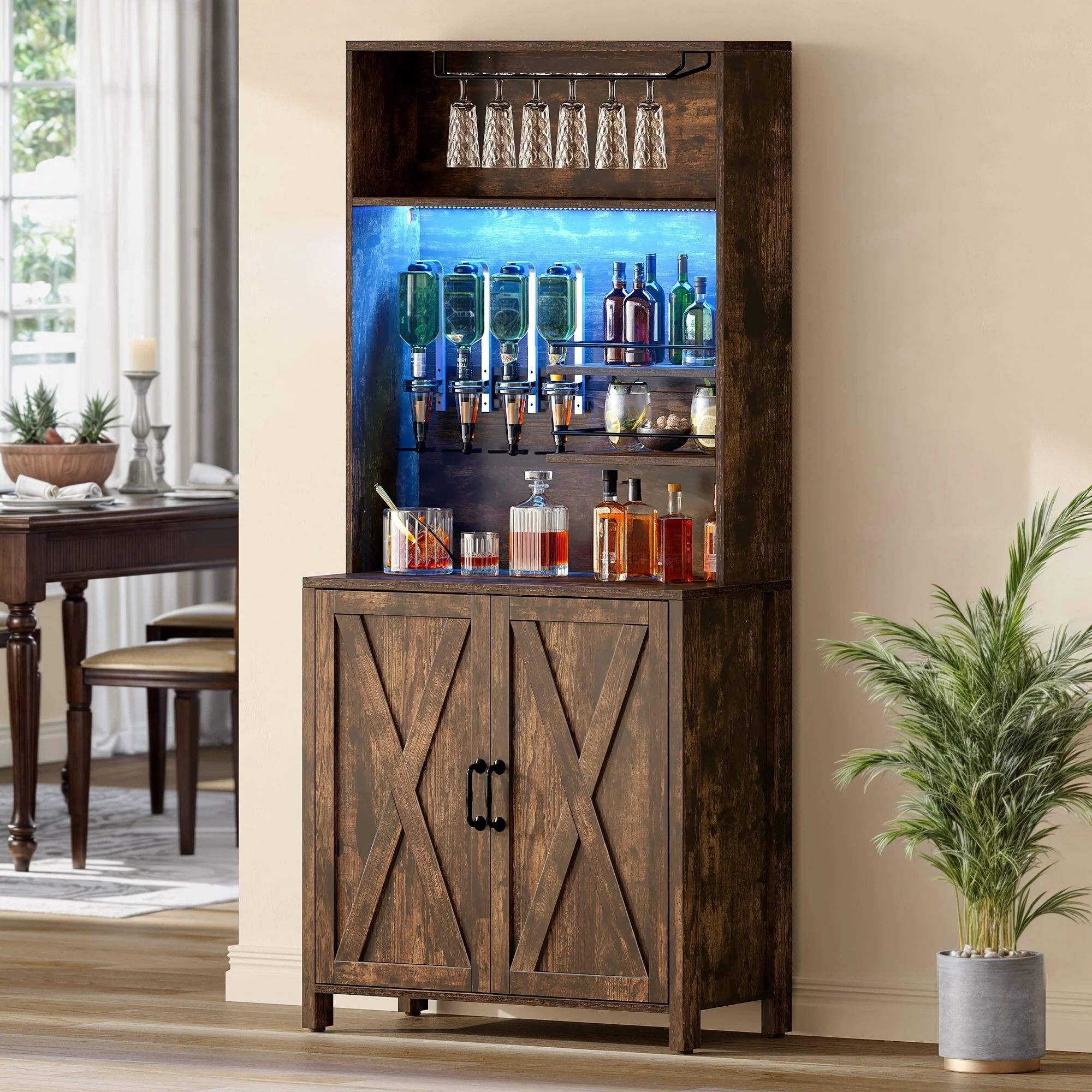 Moasis Farmhouse Bar Cabinet Wine Rack with RGB Light and Power Outlet